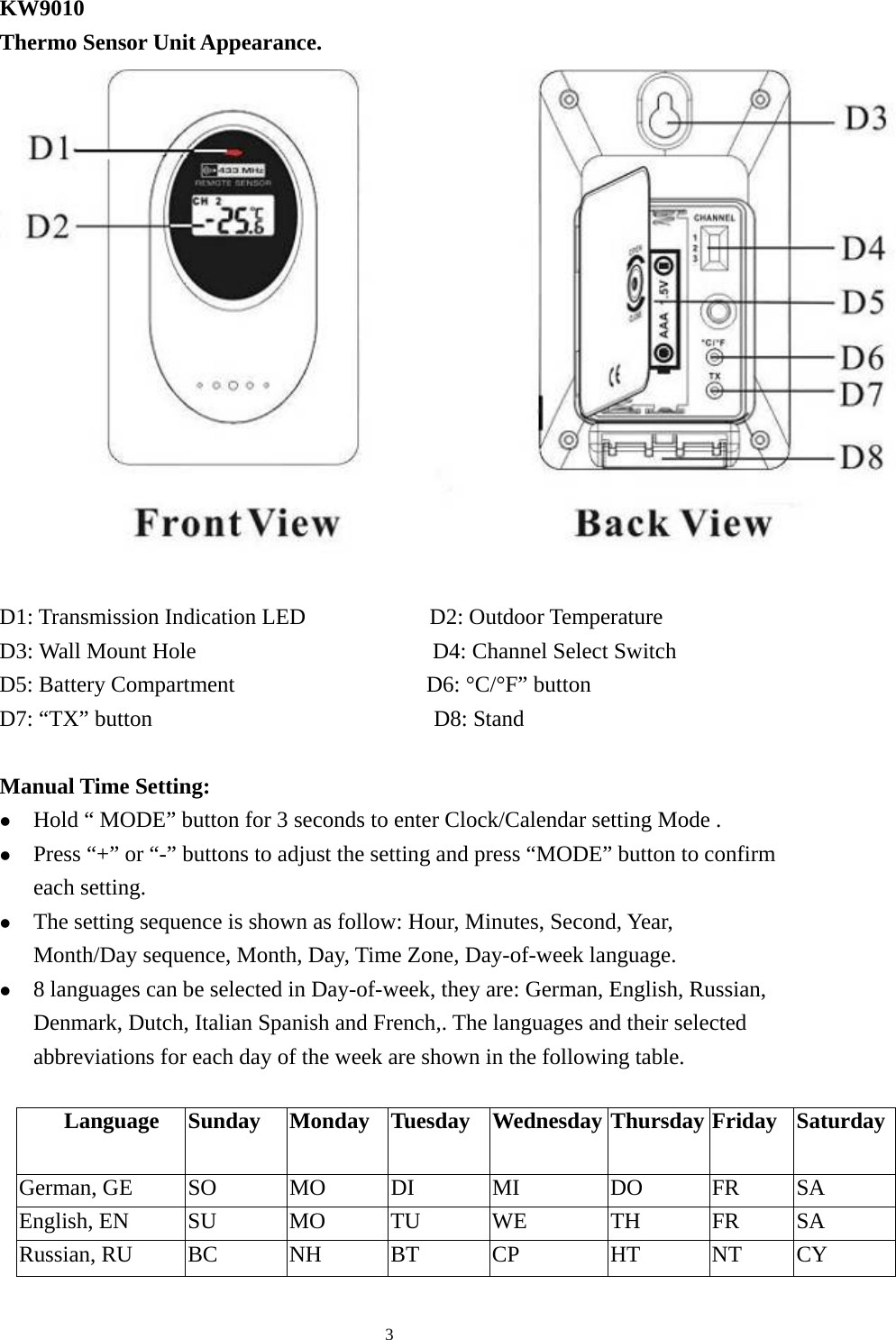   3KW9010 Thermo Sensor Unit Appearance.     D1: Transmission Indication LED           D2: Outdoor Temperature D3: Wall Mount Hole                     D4: Channel Select Switch  D5: Battery Compartment                 D6: °C/°F” button  D7: “TX” button                         D8: Stand  Manual Time Setting: z Hold “ MODE” button for 3 seconds to enter Clock/Calendar setting Mode . z Press “+” or “-” buttons to adjust the setting and press “MODE” button to confirm each setting. z The setting sequence is shown as follow: Hour, Minutes, Second, Year, Month/Day sequence, Month, Day, Time Zone, Day-of-week language. z 8 languages can be selected in Day-of-week, they are: German, English, Russian, Denmark, Dutch, Italian Spanish and French,. The languages and their selected abbreviations for each day of the week are shown in the following table.  Language  Sunday  Monday Tuesday Wednesday Thursday Friday SaturdayGerman, GE  SO  MO  DI  MI  DO  FR  SA English, EN SU MO TU WE  TH FR SA Russian, RU  BC    NH  BT  CP  HT   NT  CY 