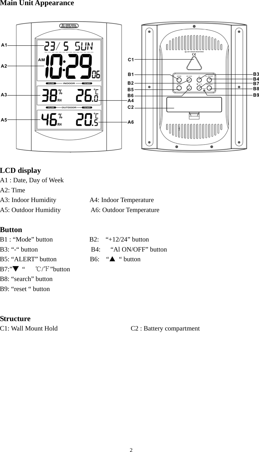   2Main Unit Appearance      LCD display   A1 : Date, Day of Week A2: Time A3: Indoor Humidity          A4: Indoor Temperature A5: Outdoor Humidity         A6: Outdoor Temperature  Button  B1 : “Mode” button           B2:  “+12/24” button B3: “-“ button                B4:   “Al ON/OFF” button B5: “ALERT” button             B6:  “▲ “ button B7:”  “   ℃/℉”button B8: “search” button B9: “reset “ button   Structure C1: Wall Mount Hold                      C2 : Battery compartment  