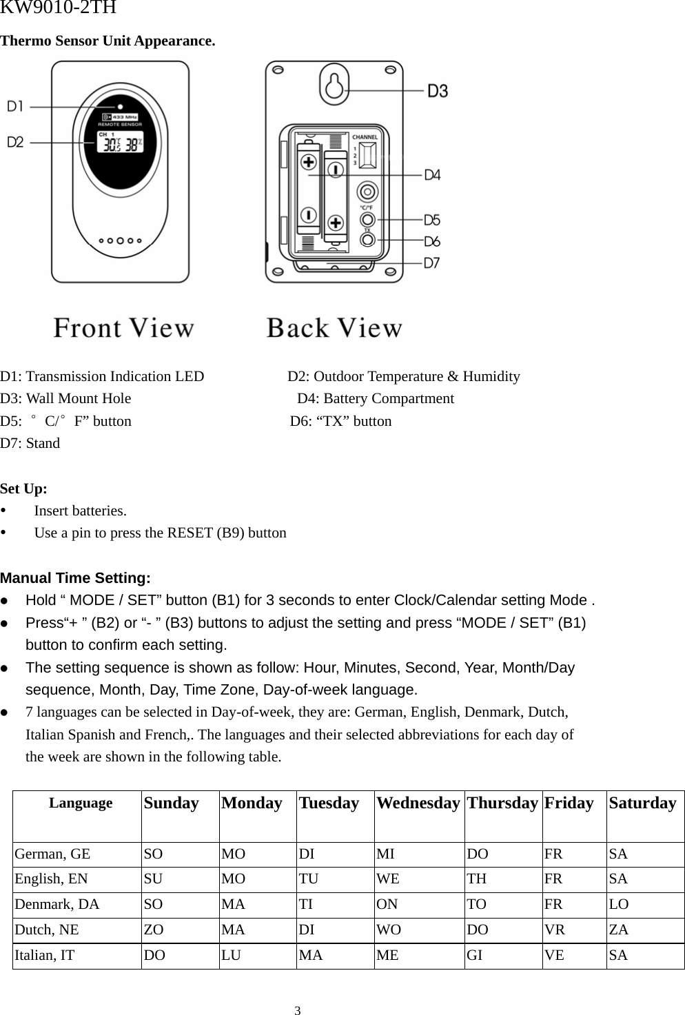   3KW9010-2TH Thermo Sensor Unit Appearance.     D1: Transmission Indication LED           D2: Outdoor Temperature &amp; Humidity D3: Wall Mount Hole                      D4: Battery Compartment D5:  °C/°F” button                     D6: “TX” button D7: Stand  Set Up: y Insert batteries. y Use a pin to press the RESET (B9) button        Manual Time Setting: z Hold “ MODE / SET” button (B1) for 3 seconds to enter Clock/Calendar setting Mode . z Press“+ ” (B2) or “- ” (B3) buttons to adjust the setting and press “MODE / SET” (B1) button to confirm each setting. z The setting sequence is shown as follow: Hour, Minutes, Second, Year, Month/Day sequence, Month, Day, Time Zone, Day-of-week language. z 7 languages can be selected in Day-of-week, they are: German, English, Denmark, Dutch, Italian Spanish and French,. The languages and their selected abbreviations for each day of the week are shown in the following table.  Language  Sunday  Monday Tuesday Wednesday Thursday Friday SaturdayGerman, GE  SO  MO  DI  MI  DO  FR  SA English, EN SU MO TU WE  TH FR SA Denmark, DA      SO  MA  TI  ON  TO  FR  LO Dutch, NE  ZO  MA  DI  WO  DO  VR  ZA Italian, IT  DO  LU  MA  ME  GI  VE  SA 
