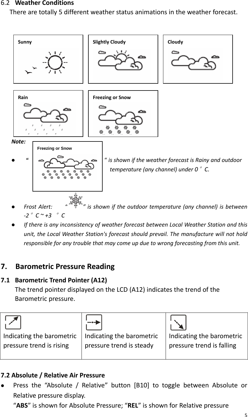 56.2 WeatherConditionsTherearetotally5differentweatherstatusanimationsintheweatherforecast.                  Note:z “                            “isshowniftheweatherforecastisRainyandoutdoortemperature(anychannel)under0°C.z FrostAlert:“ ”isshowniftheoutdoortemperature(anychannel)isbetween‐2°C~+3°Cz IfthereisanyinconsistencyofweatherforecastbetweenLocalWeatherStationandthisunit,theLocalWeatherStation&apos;sforecastshouldprevail.Themanufacturewillnotholdresponsibleforanytroublethatmaycomeupduetowrongforecastingfromthisunit.7.BarometricPressureReading7.1 BarometricTrendPointer(A12)ThetrendpointerdisplayedontheLCD(A12)indicatesthetrendoftheBarometricpressure.IndicatingthebarometricpressuretrendisrisingIndicatingthebarometricpressuretrendissteadyIndicatingthebarometricpressuretrendisfalling7.2 Absolute/RelativeAirPressurez Pressthe“Absolute/Relative”button[B10]totogglebetweenAbsoluteorRelativepressuredisplay.“ABS”isshownforAbsolutePressure;“REL”isshownforRelativepressureSunnySlightlyCloudy   CloudyRainFreezingorSnowFreezing or Snow 