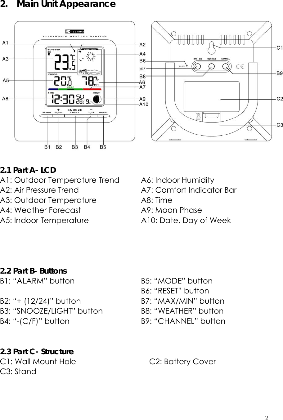 2     2.  Main Unit Appearance   2.1 Part A- LCD A1: Outdoor Temperature Trend     A2: Air Pressure Trend A3: Outdoor Temperature          A4: Weather Forecast A5: Indoor Temperature              A6: Indoor Humidity A7: Comfort Indicator Bar      A8: Time A9: Moon Phase                A10: Date, Day of Week                 2.2 Part B- Buttons B1: “ALARM” button               B2: “+ (12/24)” button B3: “SNOOZE/LIGHT” button              B4: “-(C/F)” button B5: “MODE” button                    B6: “RESET” button B7: “MAX/MIN” button                 B8: “WEATHER” button B9: “CHANNEL” button   2.3 Part C- Structure C1: Wall Mount Hole                   C2: Battery Cover C3: Stand    