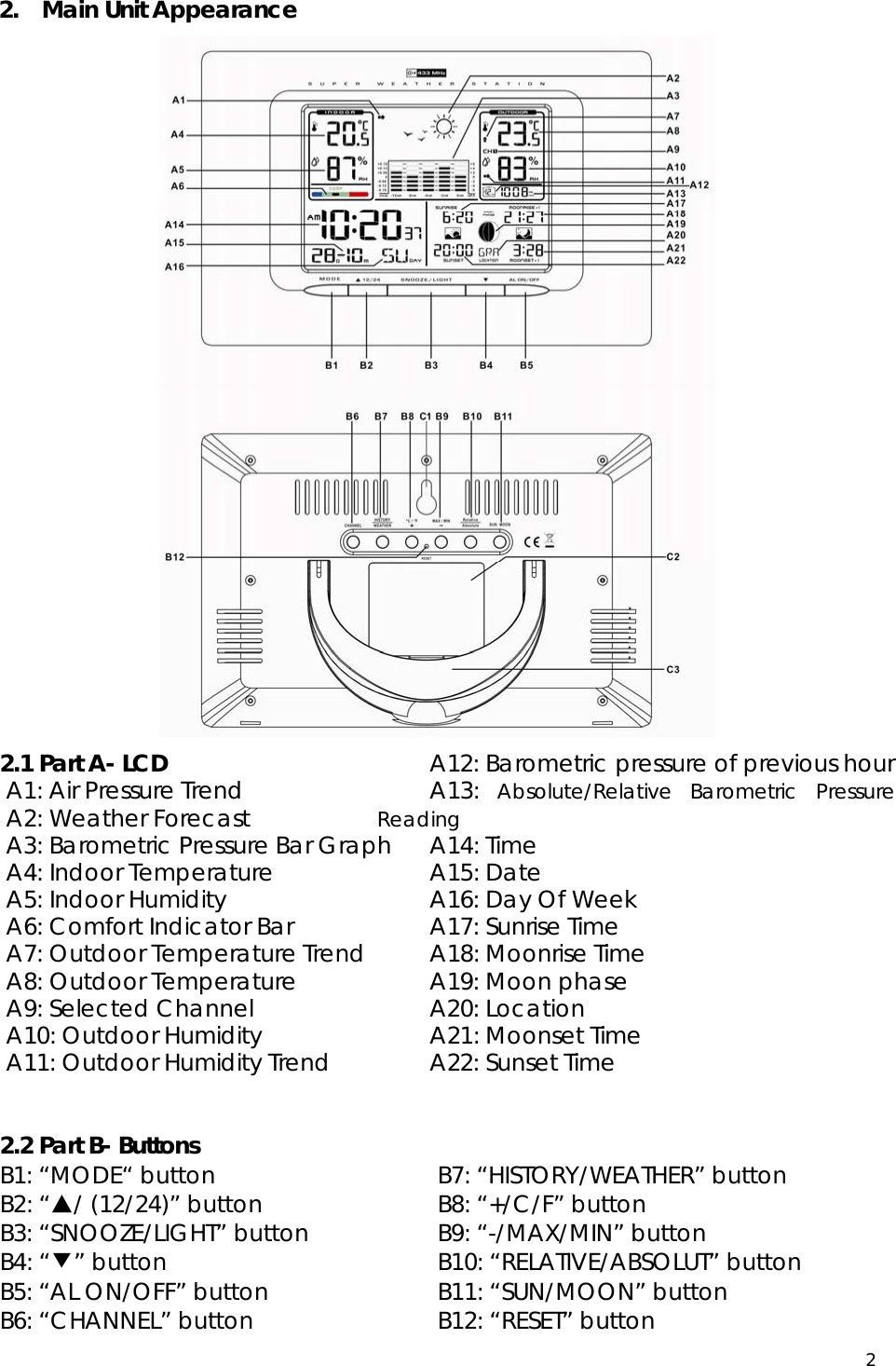  2  2.  Main Unit Appearance 2.1 Part A- LCD A1: Air Pressure Trend A2: Weather Forecast A3: Barometric Pressure Bar Graph A4: Indoor Temperature A5: Indoor Humidity A6: Comfort Indicator Bar A7: Outdoor Temperature Trend A8: Outdoor Temperature A9: Selected Channel A10: Outdoor Humidity A11: Outdoor Humidity Trend  A12: Barometric pressure of previous hour  A13: Absolute/Relative Barometric Pressure Reading A14: Time A15: Date A16: Day Of Week A17: Sunrise Time A18: Moonrise Time A19: Moon phase A20: Location A21: Moonset Time A22: Sunset Time       2.2 Part B- Buttons B1: “MODE“ button                       B2: “▲/ (12/24)” button B3: “SNOOZE/LIGHT” button                 B4: “▼” button B5: “AL ON/OFF” button               B6: “CHANNEL” button B7: “HISTORY/WEATHER” button                 B8: “+/C/F” button        B9: “-/MAX/MIN” button                 B10: “RELATIVE/ABSOLUT” button      B11: “SUN/MOON” button                      B12: “RESET” button                   