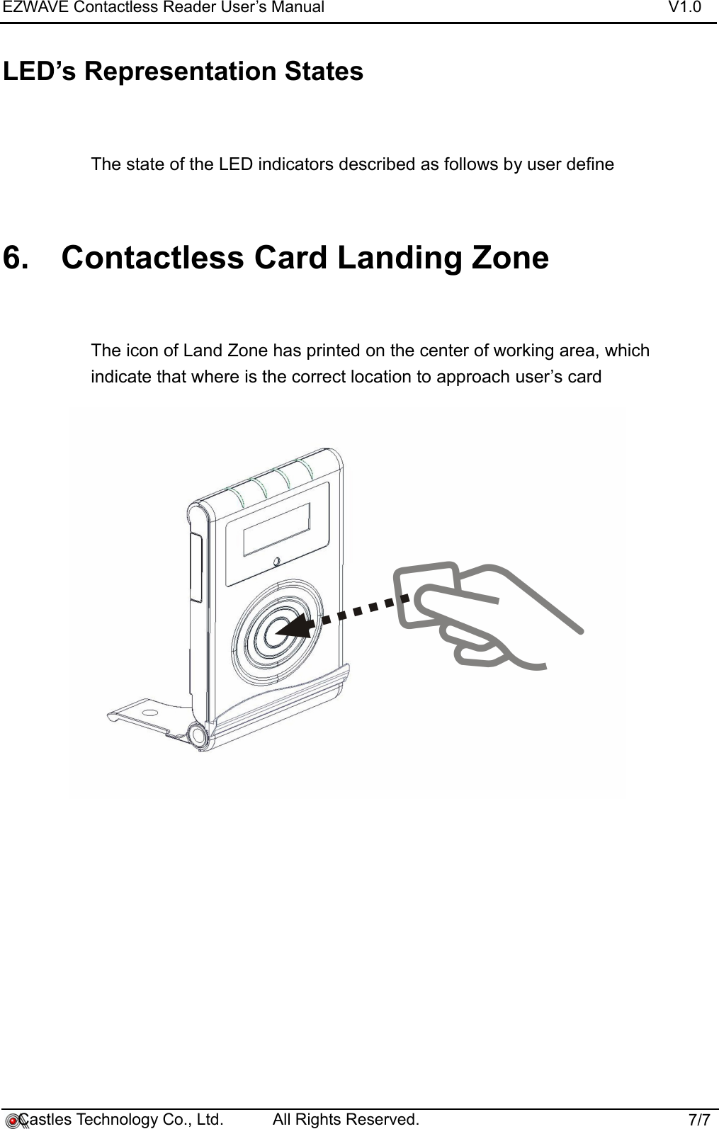 EZWAVE Contactless Reader User’s Manual V1.0LED’s Representation StatesThe state of the LED indicators described as follows by user define6. Contactless Card Landing ZoneThe icon of Land Zone has printed on the center of working area, which indicate that where is the correct location to approach user’s card    Castles Technology Co., Ltd.           All Rights Reserved.                          7/7