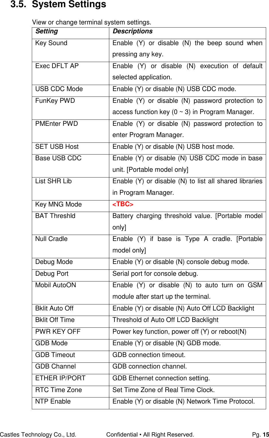 Castles Technology Co., Ltd. Confidential • All Right Reserved.  Pg. 15 3.5.  System Settings View or change terminal system settings. Setting Descriptions Key Sound Enable  (Y)  or  disable  (N)  the  beep  sound  when pressing any key. Exec DFLT AP Enable  (Y)  or  disable  (N)  execution  of  default selected application. USB CDC Mode Enable (Y) or disable (N) USB CDC mode. FunKey PWD Enable  (Y)  or  disable  (N)  password  protection  to access function key (0 ~ 3) in Program Manager. PMEnter PWD Enable  (Y)  or  disable  (N)  password  protection  to enter Program Manager. SET USB Host Enable (Y) or disable (N) USB host mode. Base USB CDC Enable (Y) or disable (N) USB CDC mode in base unit. [Portable model only] List SHR Lib Enable (Y) or disable (N) to list all shared libraries in Program Manager. Key MNG Mode &lt;TBC&gt; BAT Threshld Battery  charging  threshold  value.  [Portable  model only] Null Cradle Enable  (Y)  if  base  is  Type  A  cradle.  [Portable model only] Debug Mode Enable (Y) or disable (N) console debug mode. Debug Port Serial port for console debug. Mobil AutoON Enable  (Y)  or  disable  (N)  to  auto  turn  on  GSM module after start up the terminal. Bklit Auto Off Enable (Y) or disable (N) Auto Off LCD Backlight Bklit Off Time Threshold of Auto Off LCD Backlight PWR KEY OFF Power key function, power off (Y) or reboot(N)  GDB Mode Enable (Y) or disable (N) GDB mode. GDB Timeout GDB connection timeout. GDB Channel GDB connection channel. ETHER IP/PORT GDB Ethernet connection setting. RTC Time Zone Set Time Zone of Real Time Clock. NTP Enable Enable (Y) or disable (N) Network Time Protocol. 