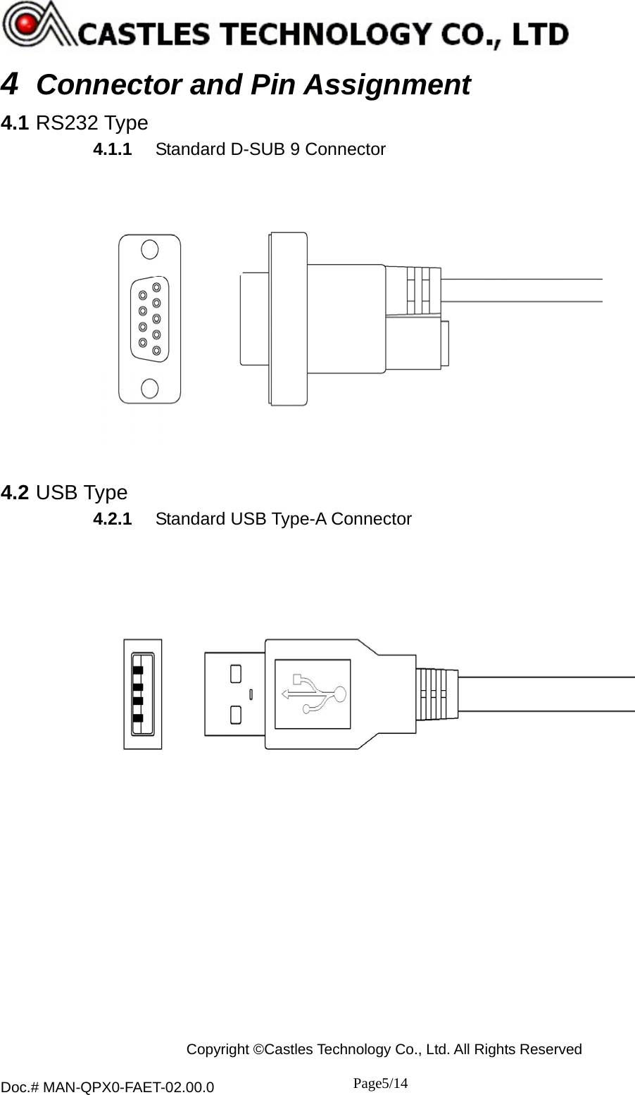  Copyright ©Castles Technology Co., Ltd. All Rights Reserved  Doc.# MAN-QPX0-FAET-02.00.0               Page5/14    4  Connector and Pin Assignment 4.1 RS232 Type 4.1.1  Standard D-SUB 9 Connector    4.2 USB Type 4.2.1  Standard USB Type-A Connector           