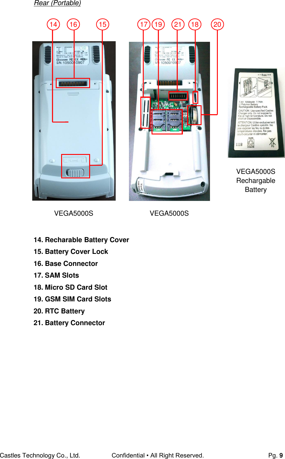 Castles Technology Co., Ltd. Confidential • All Right Reserved.  Pg. 9 Rear (Portable)                          14. Recharable Battery Cover 15. Battery Cover Lock 16. Base Connector 17. SAM Slots 18. Micro SD Card Slot 19. GSM SIM Card Slots 20. RTC Battery 21. Battery Connector                                           VEGA5000S  VEGA5000S VEGA5000S Rechargable Battery 14 16 15 19 17 21 18 20 