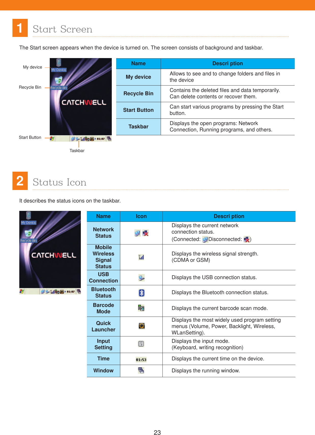 2312Start ScreenStatus IconThe Start screen appears when the device is turned on. The screen consists of background and taskbar.It describes the status icons on the taskbar.Name Descri ptionMy device Allows to see and to change folders and files in the deviceRecycle Bin Contains the deleted files and data temporarily.Can delete contents or recover them.Start Button Can start various programs by pressing the Start button.Taskbar Displays the open programs: Network Connection, Running programs, and others.Name Icon Descri ptionNetworkStatus  Displays the current networkconnection status.(Connected:  Disconnected:  )MobileWirelessSignalStatusDisplays the wireless signal strength.(CDMA or GSM)USBConnection Displays the USB connection status.BluetoothStatus   Displays the Bluetooth connection status.BarcodeMode Displays the current barcode scan mode.QuickLauncher  Displays the most widely used program setting menus (Volume, Power, Backlight, Wireless, WLanSetting).InputSetting Displays the input mode.(Keyboard, writing recognition)Time Displays the current time on the device.Window Displays the running window. My deviceRecycle BinStart ButtonTaskbar