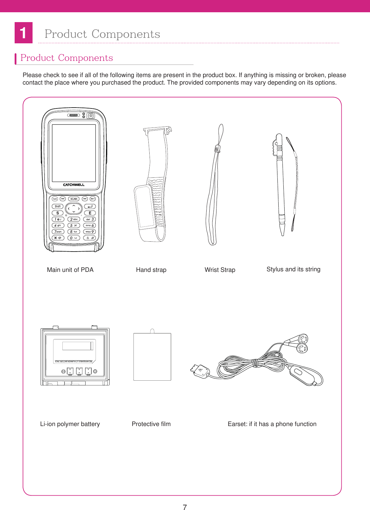 71Product ComponentsPlease check to see if all of the following items are present in the product box. If anything is missing or broken, please contact the place where you purchased the product. The provided components may vary depending on its options.Product ComponentsMain unit of PDALi-ion polymer batteryHand strapProtective filmWrist StrapEarset: if it has a phone functionStylus and its string 