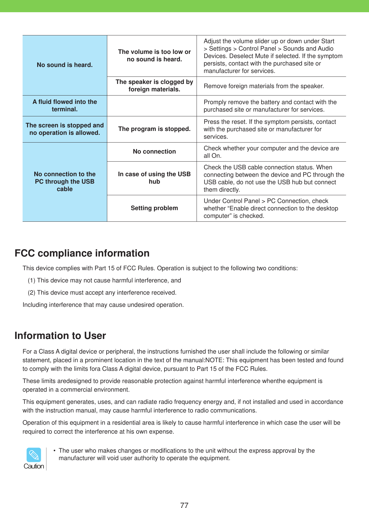 77No sound is heard.The volume is too low or no sound is heard.Adjust the volume slider up or down under Start > Settings > Control Panel > Sounds and Audio Devices. Deselect Mute if selected. If the symptom persists, contact with the purchased site or manufacturer for services.The speaker is clogged by foreign materials. Remove foreign materials from the speaker.A fluid flowed into the terminal. Promply remove the battery and contact with the purchased site or manufacturer for services.The screen is stopped and no operation is allowed. The program is stopped. Press the reset. If the symptom persists, contact with the purchased site or manufacturer for services.No connection to thePC through the USBcableNo connection Check whether your computer and the device are all On.In case of using the USB hubCheck the USB cable connection status. When connecting between the device and PC through the USB cable, do not use the USB hub but connect them directly.Setting problem Under Control Panel > PC Connection, check whether &ldquo;Enable direct connection to the desktop computer&rdquo; is checked.This device complies with Part 15 of FCC Rules. Operation is subject to the following two conditions:(1) This device may not cause harmful interference, and(2) This device must accept any interference received.Including interference that may cause undesired operation.For a Class A digital device or peripheral, the instructions furnished the user shall include the following or similar statement, placed in a prominent location in the text of the manual:NOTE: This equipment has been tested and found to comply with the limits fora Class A digital device, pursuant to Part 15 of the FCC Rules.These limits aredesigned to provide reasonable protection against harmful interference whenthe equipment is operated in a commercial environment.This equipment generates, uses, and can radiate radio frequency energy and, if not installed and used in accordance with the instruction manual, may cause harmful interference to radio communications.Operation of this equipment in a residential area is likely to cause harmful interference in which case the user will be required to correct the interference at his own expense.Information to UserFCC compliance information  The user who makes changes or modifications to the unit without the express approval by the manufacturer will void user authority to operate the equipment.$BVUJPO