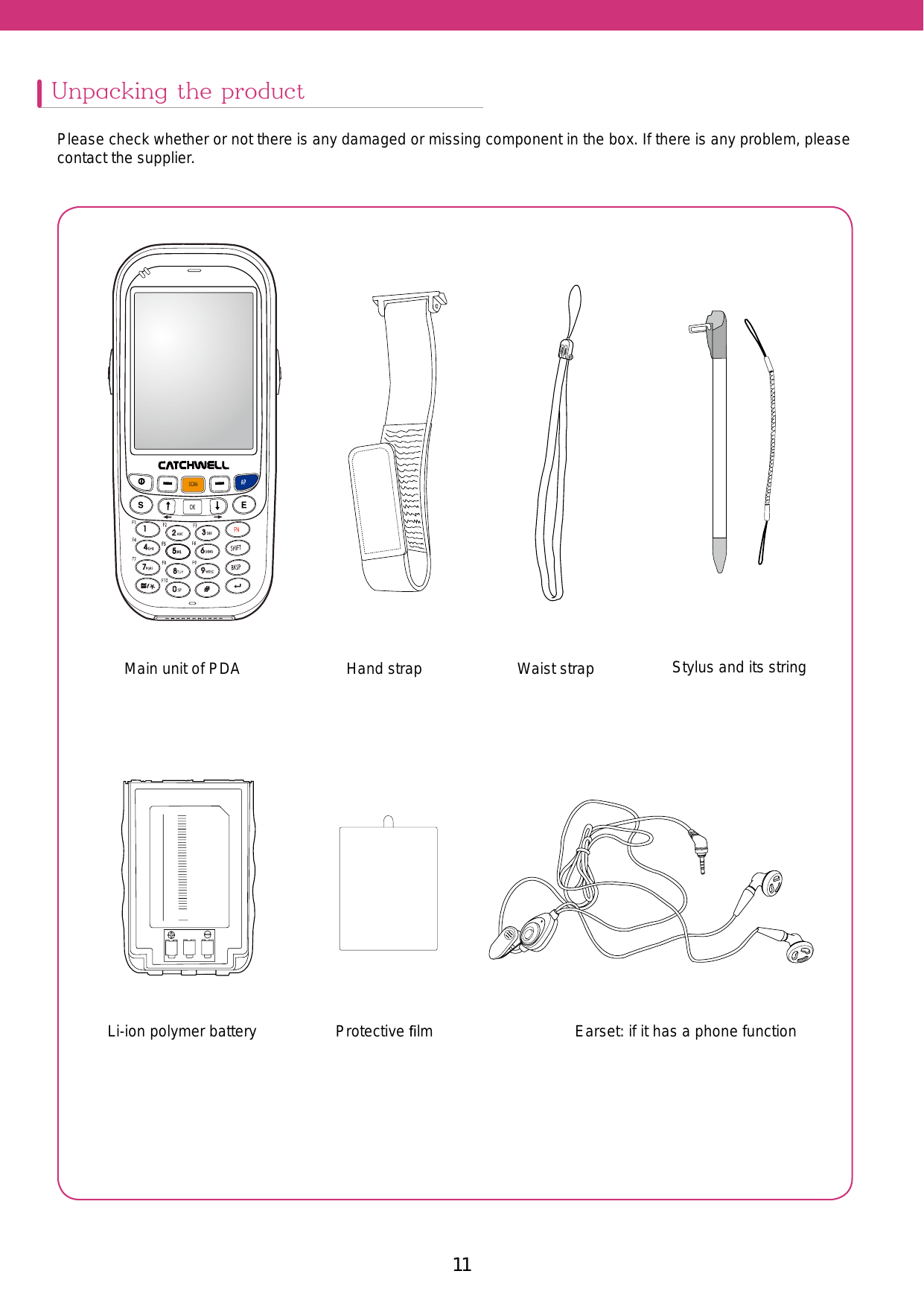 11Unpacking the productPlease check whether or not there is any damaged or missing component in the box. If there is any problem, please contact the supplier. Main unit of PDALi-ion polymer batteryHand strapProtective ﬁlmWaist strapEarset: if it has a phone functionStylus and its string 