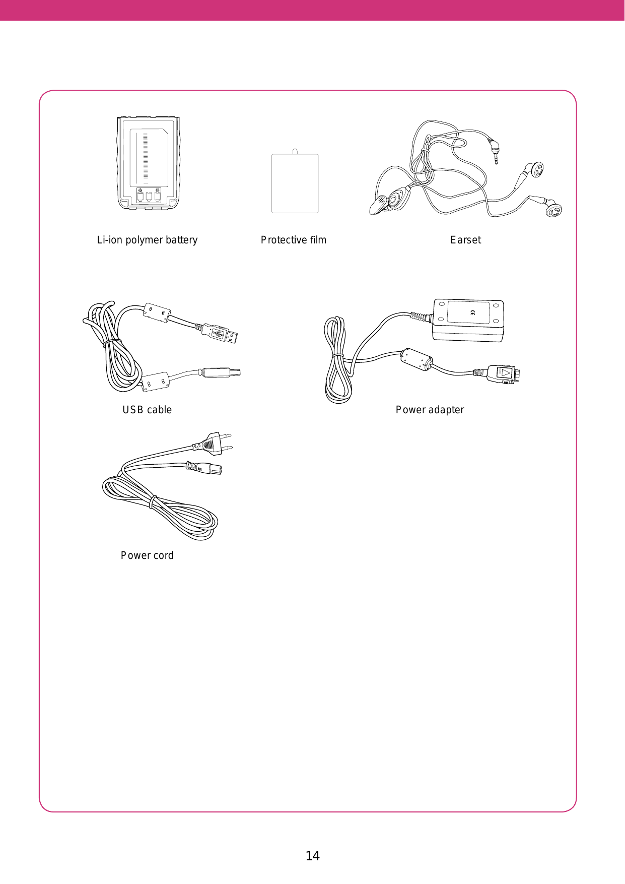 14 15DC 5VLi-ion polymer batteryUSB cablePower cordPower adapterProtective ﬁlm EarsetDC 5V