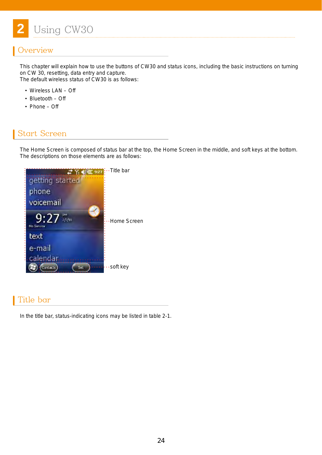 25242Using CW30OverviewStart ScreenTitle barThis chapter will explain how to use the buttons of CW30 and status icons, including the basic instructions on turning on CW 30, resetting, data entry and capture.  The default wireless status of CW30 is as follows:•  Wireless LAN – Off•  Bluetooth – Off•  Phone – OffThe Home Screen is composed of status bar at the top, the Home Screen in the middle, and soft keys at the bottom. The descriptions on those elements are as follows:In the title bar, status-indicating icons may be listed in table 2-1.Title barHome Screensoft key