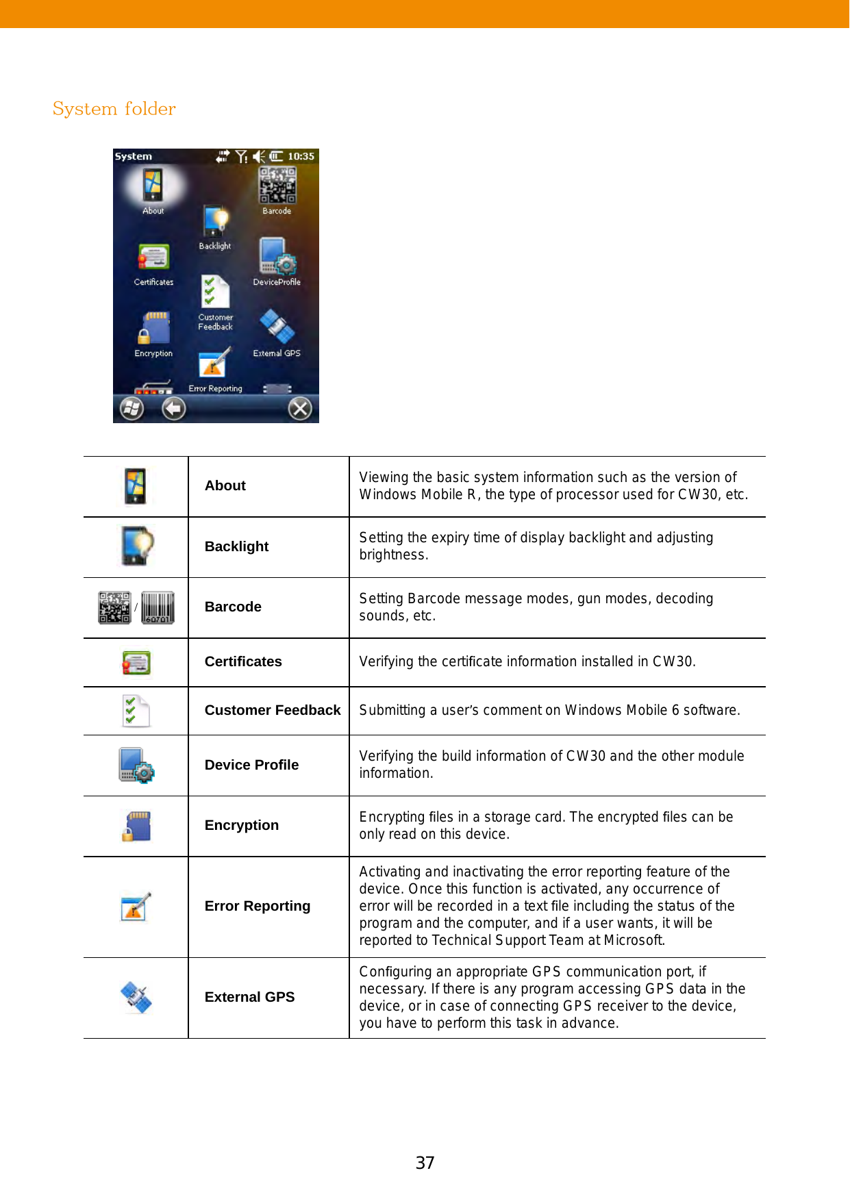 37System folderAbout Viewing the basic system information such as the version of Windows Mobile R, the type of processor used for CW30, etc.Backlight Setting the expiry time of display backlight and adjusting brightness.  /  Barcode Setting Barcode message modes, gun modes, decoding sounds, etc.Certiﬁcates Verifying the certiﬁcate information installed in CW30.Customer FeedbackSubmitting a user’s comment on Windows Mobile 6 software.Device Proﬁle Verifying the build information of CW30 and the other module information.EncryptionEncrypting ﬁles in a storage card. The encrypted ﬁles can be only read on this device.Error ReportingActivating and inactivating the error reporting feature of the device. Once this function is activated, any occurrence of error will be recorded in a text ﬁle including the status of the program and the computer, and if a user wants, it will be reported to Technical Support Team at Microsoft.External GPSConﬁguring an appropriate GPS communication port, if necessary. If there is any program accessing GPS data in the device, or in case of connecting GPS receiver to the device, you have to perform this task in advance. 