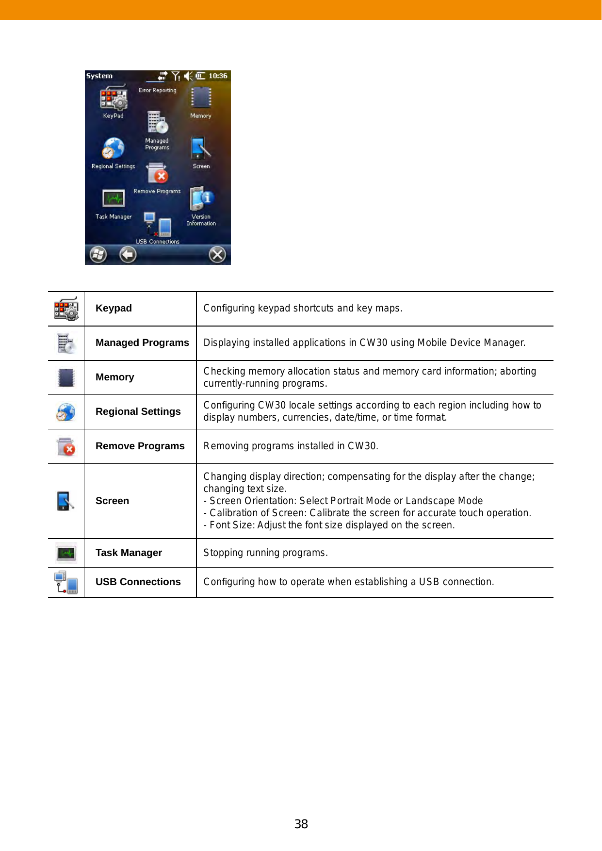 38 39Keypad Conﬁguring keypad shortcuts and key maps.Managed Programs Displaying installed applications in CW30 using Mobile Device Manager.Memory Checking memory allocation status and memory card information; aborting currently-running programs.Regional Settings Conﬁguring CW30 locale settings according to each region including how to display numbers, currencies, date/time, or time format. Remove Programs Removing programs installed in CW30.ScreenChanging display direction; compensating for the display after the change; changing text size. - Screen Orientation: Select Portrait Mode or Landscape Mode- Calibration of Screen: Calibrate the screen for accurate touch operation.- Font Size: Adjust the font size displayed on the screen.Task Manager Stopping running programs.USB Connections Conﬁguring how to operate when establishing a USB connection.