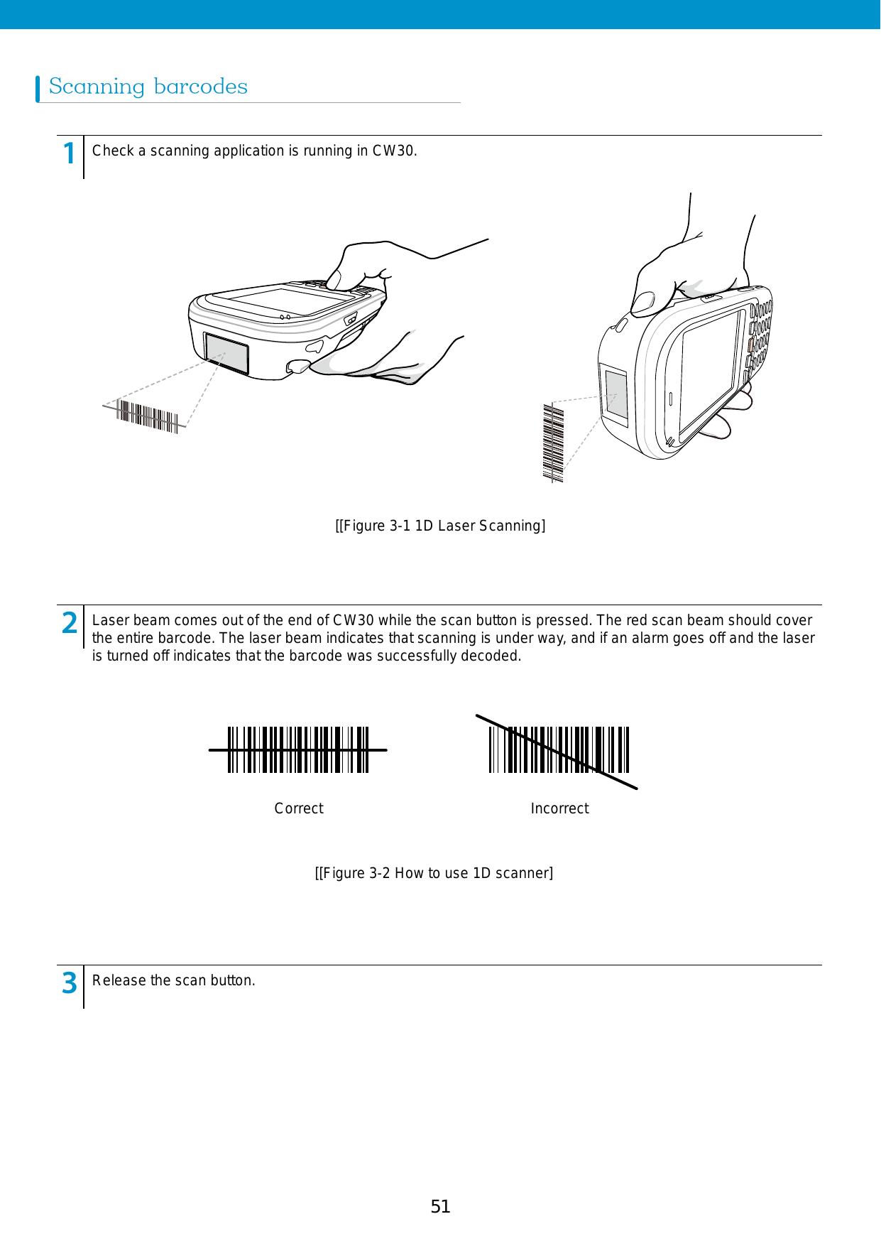 51Scanning barcodes123456789123456789123456789Check a scanning application is running in CW30.Release the scan button. Laser beam comes out of the end of CW30 while the scan button is pressed. The red scan beam should cover the entire barcode. The laser beam indicates that scanning is under way, and if an alarm goes off and the laser is turned off indicates that the barcode was successfully decoded. Correct Incorrect[[Figure 3-1 1D Laser Scanning][[Figure 3-2 How to use 1D scanner]