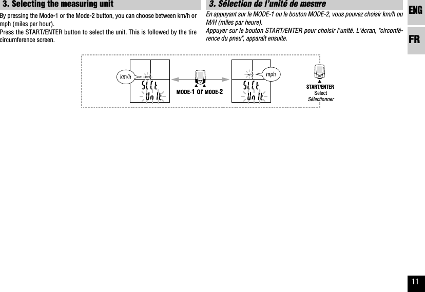 ENGFR11MODE-1 or MODE-2START/ENTER3. Sélection de l’unité de mesureEn appuyant sur le MODE-1 ou le bouton MODE-2, vous pouvez choisir km/h ouM/H (miles par heure).Appuyer sur le bouton START/ENTER pour choisir l&apos;unité. L&apos;écran, &quot;circonfé-rence du pneu&quot;, apparaît ensuite.3. Selecting the measuring unitBy pressing the Mode-1 or the Mode-2 button, you can choose between km/h ormph (miles per hour).Press the START/ENTER button to select the unit. This is followed by the tirecircumference screen.SelectSélectionner
