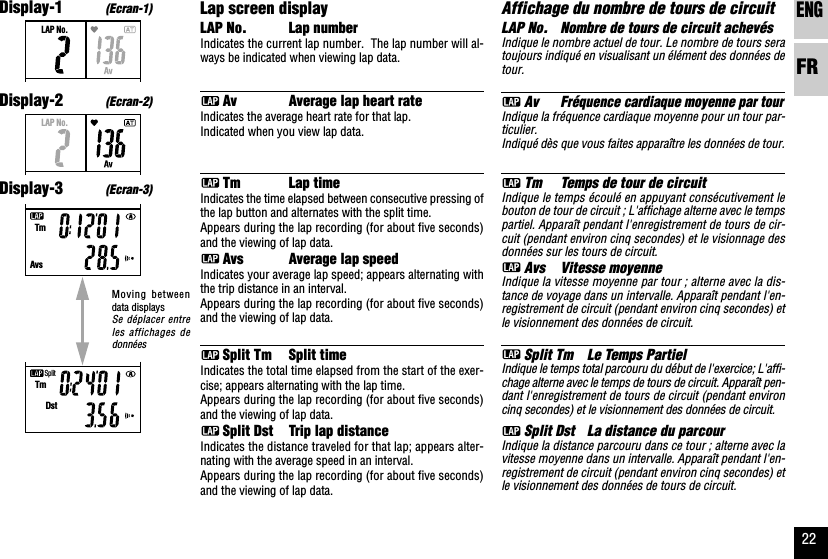 ENGFR22Affichage du nombre de tours de circuitLAP No. Nombre de tours de circuit achevésIndique le nombre actuel de tour. Le nombre de tours seratoujours indiqué en visualisant un élément des données detour. AvFréquence cardiaque moyenne par tourIndique la fréquence cardiaque moyenne pour un tour par-ticulier.Indiqué dès que vous faites apparaître les données de tour. Tm Temps de tour de circuitIndique le temps écoulé en appuyant consécutivement lebouton de tour de circuit ; L&apos;affichage alterne avec le tempspartiel. Apparaît pendant l&apos;enregistrement de tours de cir-cuit (pendant environ cinq secondes) et le visionnage desdonnées sur les tours de circuit. Avs Vitesse moyenneIndique la vitesse moyenne par tour ; alterne avec la dis-tance de voyage dans un intervalle. Apparaît pendant l&apos;en-registrement de circuit (pendant environ cinq secondes) etle visionnement des données de circuit. Split Tm Le Temps PartielIndique le temps total parcouru du début de l&apos;exercice; L&apos;affi-chage alterne avec le temps de tours de circuit. Apparaît pen-dant l&apos;enregistrement de tours de circuit (pendant environcinq secondes) et le visionnement des données de circuit. Split Dst La distance du parcourIndique la distance parcouru dans ce tour ; alterne avec lavitesse moyenne dans un intervalle. Apparaît pendant l&apos;en-registrement de circuit (pendant environ cinq secondes) etle visionnement des données de tours de circuit.Lap screen displayLAP No. Lap numberIndicates the current lap number.  The lap number will al-ways be indicated when viewing lap data. Av Average lap heart rateIndicates the average heart rate for that lap.Indicated when you view lap data. Tm Lap timeIndicates the time elapsed between consecutive pressing ofthe lap button and alternates with the split time.Appears during the lap recording (for about five seconds)and the viewing of lap data. Avs Average lap speedIndicates your average lap speed; appears alternating withthe trip distance in an interval.Appears during the lap recording (for about five seconds)and the viewing of lap data. Split Tm Split timeIndicates the total time elapsed from the start of the exer-cise; appears alternating with the lap time.Appears during the lap recording (for about five seconds)and the viewing of lap data. Split Dst Trip lap distanceIndicates the distance traveled for that lap; appears alter-nating with the average speed in an interval.Appears during the lap recording (for about five seconds)and the viewing of lap data.Display-1(Ecran-1)Display-2(Ecran-2)Display-3(Ecran-3)Moving betweendata displaysSe déplacer entreles affichages dedonnéesLAP No.LAP No.SplitTmDstTmAvs