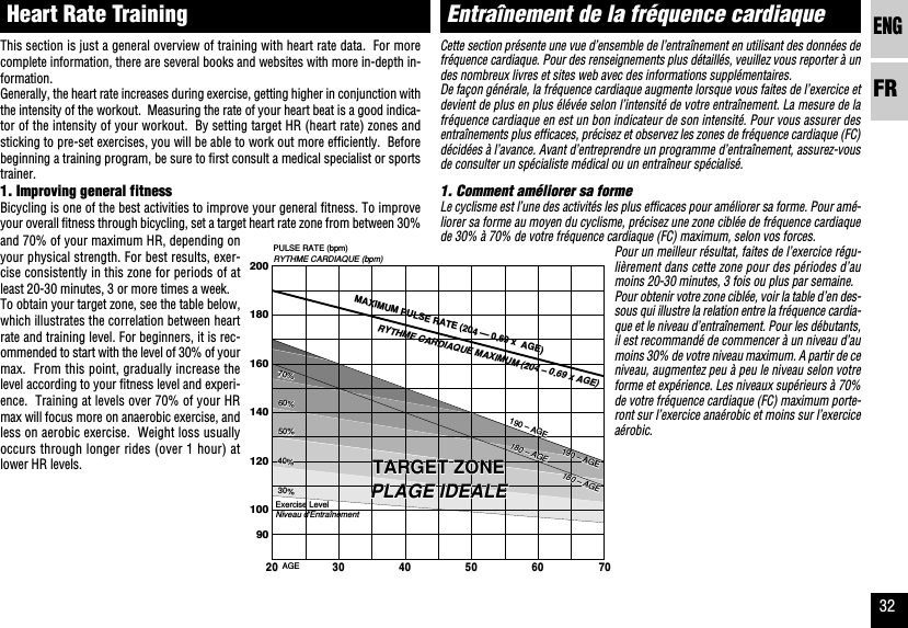ENGFR322001801601401201009030%40%50%60%60%70%70%30%40%50%60%70%PULSE RATE (bpm)AGETARGET ZONETARGET ZONETARGET ZONEExercise LevelMAXIMUM PULSE RATE (204 — 0.69 x  AGE)190 190 – AGE AGE180 180 – AGE AGE190 – AGE180 – AGERYTHME CARDIAQUE (bpm)PLAGE IDEALEPLAGE IDEALEPLAGE IDEALENiveau d&apos;EntraînementRYTHME CARDIAQUE MAXIMUM (204 – 0.69 x AGE)190 190 – AGE AGE180 180 – AGE AGE190 – AGE180 – AGE3020 705040 60Entraînement de la fréquence cardiaqueCette section présente une vue d’ensemble de l’entraînement en utilisant des données defréquence cardiaque. Pour des renseignements plus détaillés, veuillez vous reporter à undes nombreux livres et sites web avec des informations supplémentaires.De façon générale, la fréquence cardiaque augmente lorsque vous faites de l’exercice etdevient de plus en plus élévée selon l’intensité de votre entraînement. La mesure de lafréquence cardiaque en est un bon indicateur de son intensité. Pour vous assurer desentraînements plus efficaces, précisez et observez les zones de fréquence cardiaque (FC)décidées à l’avance. Avant d’entreprendre un programme d’entraînement, assurez-vousde consulter un spécialiste médical ou un entraîneur spécialisé.1. Comment améliorer sa formeLe cyclisme est l’une des activités les plus efficaces pour améliorer sa forme. Pour amé-liorer sa forme au moyen du cyclisme, précisez une zone ciblée de fréquence cardiaquede 30% à 70% de votre fréquence cardiaque (FC) maximum, selon vos forces.Heart Rate TrainingThis section is just a general overview of training with heart rate data.  For morecomplete information, there are several books and websites with more in-depth in-formation.Generally, the heart rate increases during exercise, getting higher in conjunction withthe intensity of the workout.  Measuring the rate of your heart beat is a good indica-tor of the intensity of your workout.  By setting target HR (heart rate) zones andsticking to pre-set exercises, you will be able to work out more efficiently.  Beforebeginning a training program, be sure to first consult a medical specialist or sportstrainer.1. Improving general fitnessBicycling is one of the best activities to improve your general fitness. To improveyour overall fitness through bicycling, set a target heart rate zone from between 30%and 70% of your maximum HR, depending onyour physical strength. For best results, exer-cise consistently in this zone for periods of atleast 20-30 minutes, 3 or more times a week.To obtain your target zone, see the table below,which illustrates the correlation between heartrate and training level. For beginners, it is rec-ommended to start with the level of 30% of yourmax.  From this point, gradually increase thelevel according to your fitness level and experi-ence.  Training at levels over 70% of your HRmax will focus more on anaerobic exercise, andless on aerobic exercise.  Weight loss usuallyoccurs through longer rides (over 1 hour) atlower HR levels.Pour un meilleur résultat, faites de l’exercice régu-lièrement dans cette zone pour des périodes d’aumoins 20-30 minutes, 3 fois ou plus par semaine.Pour obtenir votre zone ciblée, voir la table d’en des-sous qui illustre la relation entre la fréquence cardia-que et le niveau d’entraînement. Pour les débutants,il est recommandé de commencer à un niveau d’aumoins 30% de votre niveau maximum. A partir de ceniveau, augmentez peu à peu le niveau selon votreforme et expérience. Les niveaux supérieurs à 70%de votre fréquence cardiaque (FC) maximum porte-ront sur l’exercice anaérobic et moins sur l’exerciceaérobic.