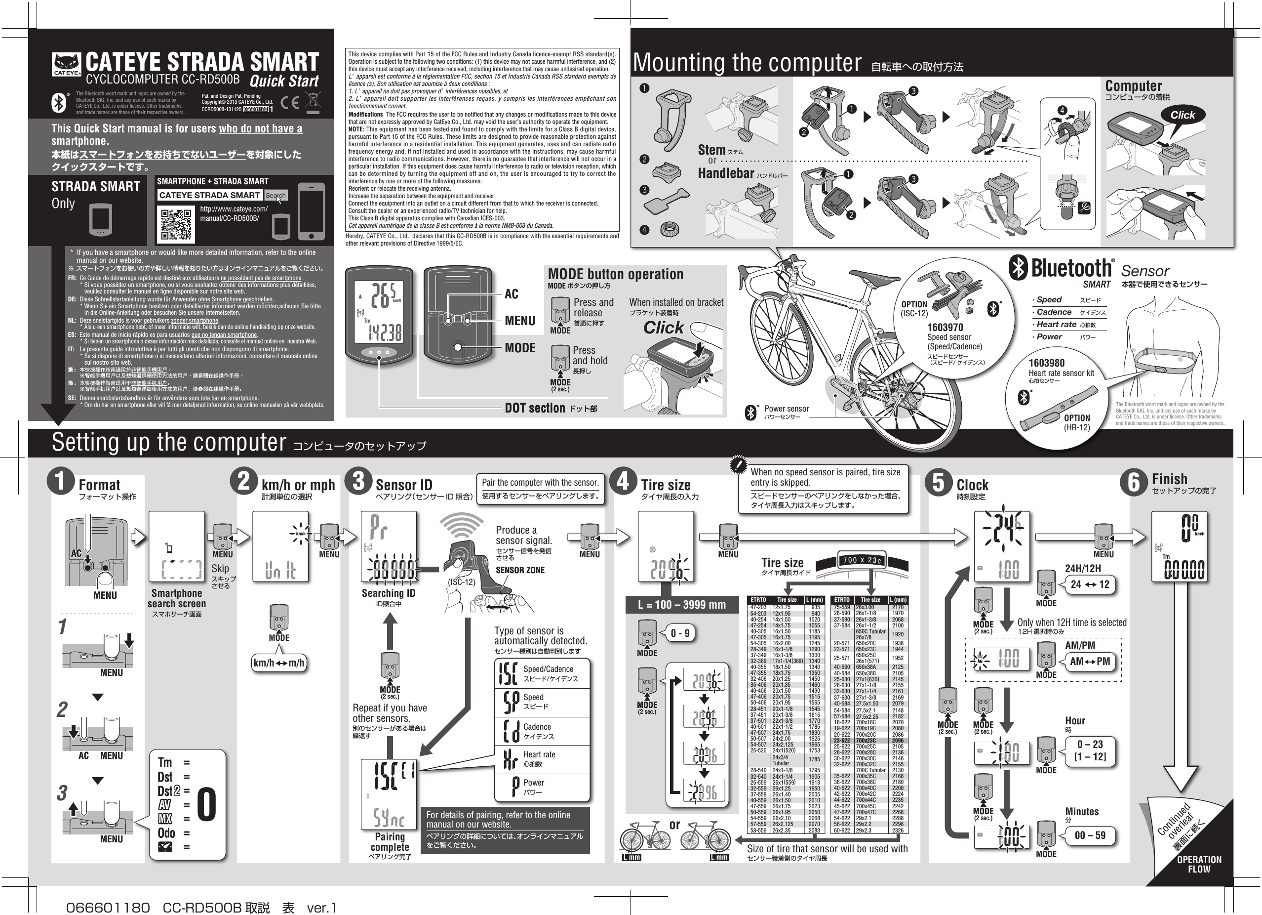 本器で使用できるセンサーSensorThe Bluetooth word mark and logos are owned by the Bluetooth SIG, Inc. and any use of such marks by CATEYE Co., Ltd. is under license. Other trademarks and trade names are those of their respective owners.The Bluetooth word mark and logos are owned by the Bluetooth SIG, Inc. and any use of such marks by CATEYE Co., Ltd. is under license. Other trademarks and trade names are those of their respective owners.Pat. and Design Pat. PendingCopyright© 2013 CATEYE Co., Ltd.CCRD500B-131125  066601180  1CATEYE STRADA SMARTCYCLOCOMPUTER CC-RD500B Quick StartMENUMENUThis device complies with Part 15 of the FCC Rules and Industry Canada licence-exempt RSS standard(s). Operation is subject to the following two conditions: (1) this device may not cause harmful interference, and (2) this device must accept any interference received, including interference that may cause undesired operation.L’ appareil est conforme à la réglementation FCC, section 15 et Industrie Canada RSS standard exempts de licence (s). Son utilisation est soumise à deux conditions :1. L’ appareil ne doit pas provoquer d’ interférences nuisibles, et2. L’ appareil doit supporter les interférences reçues, y compris les interférences empêchant son fonctionnement correct.Modifications  The FCC requires the user to be notified that any changes or modifications made to this device that are not expressly approved by CatEye Co., Ltd. may void the user’s authority to operate the equipment.NOTE: This equipment has been tested and found to comply with the limits for a Class B digital device, pursuant to Part 15 of the FCC Rules. These limits are designed to provide reasonable protection against harmful interference in a residential installation. This equipment generates, uses and can radiate radio frequency energy and, if not installed and used in accordance with the instructions, may cause harmful interference to radio communications. However, there is no guarantee that interference will not occur in a particular installation. If this equipment does cause harmful interference to radio or television reception, which can be determined by turning the equipment off and on, the user is encouraged to try to correct the interference by one or more of the following measures: Reorient or relocate the receiving antenna.Increase the separation between the equipment and receiver. Connect the equipment into an outlet on a circuit different from that to which the receiver is connected. Consult the dealer or an experienced radio/TV technician for help.This Class B digital apparatus complies with Canadian ICES-003.Cet appareil numérique de la classe B est conforme à la norme NMB-003 du Canada.Hereby, CATEYE Co., Ltd., declares that this CC-RD500B is in compliance with the essential requirements and other relevant provisions of Directive 1999/5/EC.ClickMODEMODE(2 sec.)MODE(2 sec.)MODE(2 sec.)MODE(2 sec.)MODE(2 sec.)MODE(2 sec.)MODE(2 sec.)MODE(2 sec.)MODE(2 sec.)MODE(2 sec.)MODEMODE(2 sec.)MODE(2 sec.)MODEMODE700 x 23c0 - 90 – 23[1 – 12]MODEMODE00 – 59L mm L mmorMENU MENUOPERATIONFLOWAM     PMMODE(2 sec.)MODE(2 sec.)ClickSearchCATEYE STRADA SMARThttp://www.cateye.com/manual/CC-RD500B/L = 100 – 3999 mm MODE24       12MENU1230=======ACAC MENUMENUMENUMENUMENUMENUACACMENUMENUPower sensorパワーセンサー1603970Speed sensor (Speed/Cadence)スピードセンサー（スピード/ ケイデンス） 1603980Heart rate sensor kit 心拍センサーOPTION(ISC-12)(ISC-12)OPTION(HR-12)42112331234StemStemHandlebarHandlebarComputerコンピュータの着脱Setting up the computer コンピュータのセットアップMENUMENUACACMODEMODEDOT section ドット部DOT section ドット部SMARTPHONE + STRADA SMARTSTRADA SMARTOnlykm/h or mph計測単位の選択MODE button operation MODE ボタンの押し方2m/hkm/hSensor IDペアリング（センサー ID 照合）3Searching IDID照合中Smartphonesearch screenスマホサーチ画面Pairingcompleteペアリング完了For details of pairing, refer to the online manual on our website.ペアリングの詳細については、オンラインマニュアルをご覧ください。4Tire sizeタイヤ周長の入力Tire sizeタイヤ周長ガイド 24H/12HAM/PMOnly when 12H time is selected12H 選択時のみHour時Minutes分Clock 時刻設定5Finishセットアップの完了6Mounting the computer  自転車への取付方法or ステムハンドルバーWhen no speed sensor is paired, tire size entry is skipped.スピードセンサーのペアリングをしなかった場合、タイヤ周長入力はスキップします。Pair the computer with the sensor.使用するセンサーをペアリングします。40-584 650x38B 210525-630 27x1(630)214528-630 27x1-1/8 215532-630 27x1-1/4 216137-630 27x1-3/8 216918-622 700x18C 207019-622 700x19C 208020-622 700x20C 208623-622 700x23C 209625-622 700x25C 210528-622 700x28C 213630-622 700x30C 214632-622 700x32C 2155700C Tubular 213035-622 700x35C 216838-622 700x38C 218040-622 700x40C 220042-622 700x42C 222444-622 700x44C 223545-622 700x45C 224247-622 700x47C 226854-622 29x2.1 228860-622 29x2.3 232656-62240-58454-58457-584207927.5x1.50214827.5x2.1 218227.5x2.25229829x2.275-559 26x3.00 217028-590 26x1-1/8 197037-590 26x1-3/8 206837-584 26x1-1/2 2100650C Tubular 26x7/8 192020-571 650x20C 193823-571 650x23C 194425-571 650x25C 26x1(571)195240-590 650x38A 2125ETRTO Tire size L (mm)ETRTO Tire size L (mm)47-203 12x1.75 93554-203 12x1.95 94040-254 14x1.50 102047-254 14x1.75 105540-305 16x1.50 118547-305 16x1.75 119554-305 16x2.00 124528-349 16x1-1/8 129037-349 16x1-3/8 130032-36917x1-1/4(369)134040-355 18x1.50 134047-355 18x1.75 135032-406 20x1.25 145035-406 20x1.35 146040-406 20x1.50 149047-406 20x1.75 151550-406 20x1.95 156528-451 20x1-1/8 154537-451 20x1-3/8 161537-501 22x1-3/8 177040-501 22x1-1/2 178547-507 24x1.75 189050-507 24x2.00 192554-507 24x2.125 196525-520 24x1(520)175324x3/4 Tubular 178528-540 24x1-1/8 179532-540 24x1-1/4 190525-559 26x1(559)191332-559 26x1.25 195037-559 26x1.40 200540-559 26x1.50 201047-559 26x1.75 202350-559 26x1.95 205054-559 26x2.10 206857-559 26x2.125 207058-559 26x2.35 2083Heart rate心拍数CadenceケイデンスPowerパワーSpeed/Cadenceスピード/ケイデンスSpeedスピード∙ Speed∙ Cadence∙ Heart rate∙ Powerスピードケイデンス心拍数パワーProduce a sensor signal.センサー信号を発信させるSkipスキップさせるPress and release普通に押すWhen installed on bracketブラケット装着時Press and hold長押しType of sensor is automatically detected.センサー種別は自動判別しますRepeat if you have other sensors.別のセンサーがある場合は繰返す*  If you have a smartphone or would like more detailed information, refer to the online manual on our website.※ スマートフォンをお使いの方や詳しい情報を知りたい方はオンラインマニュアルをご覧ください。FR:  Ce Guide de démarrage rapide est destiné aux utilisateurs ne possédant pas de smartphone.  * Si vous possédez un smartphone, ou si vous souhaitez obtenir des informations plus détaillées, veuillez consulter le manuel en ligne disponible sur notre site web.DE:  Diese Schnellstartanleitung wurde für Anwender ohne Smartphone geschrieben.  * Wenn Sie ein Smartphone besitzen oder detaillierter informiert werden möchten,schauen Sie bitte in die Online-Anleitung oder besuchen Sie unsere Internetseiten.NL:  Deze snelstartgids is voor gebruikers zonder smartphone. * Als u een smartphone hebt, of meer informatie wilt, bekijk dan de online handleiding op onze website.ES:  Este manual de inicio rápido es para usuarios que no tengan smartphone. * Si tienen un smartphone o desea información más detallada, consulte el manual online en  nuestra Web.IT:  La presente guida introduttiva è per tutti gli utenti che non dispongono di smartphone.  * Se si dispone di smartphone o si necessitano ulteriori informazioni, consultare il manuale online sul nostro sito web.繁:  本快捷操作指南適用於非智能手機用戶。※智能手機用戶以及想知道詳細使用方法的用戶，請參閱在線操作手冊。简:  本快捷操作指南适用于非智能手机用户。※智能手机用户以及想知道详细使用方法的用户，请参阅在线操作手册。SE:  Denna snabbstartshandbok är för användare som inte har en smartphone.  * Om du har en smartphone eller vill få mer detaljerad information, se online manualen på vår webbplats. This Quick Start manual is for users who do not have a smartphone.本紙はスマートフォンをお持ちでないユーザーを対象にしたクイックスタートです。SENSOR ZONESENSOR ZONEContinuedoverleaf裏面に続くFormatフォーマット操作1Size of tire that sensor will be used withセンサー装着側のタイヤ周長066601180 CC-RD500B 取説 表 ver.1