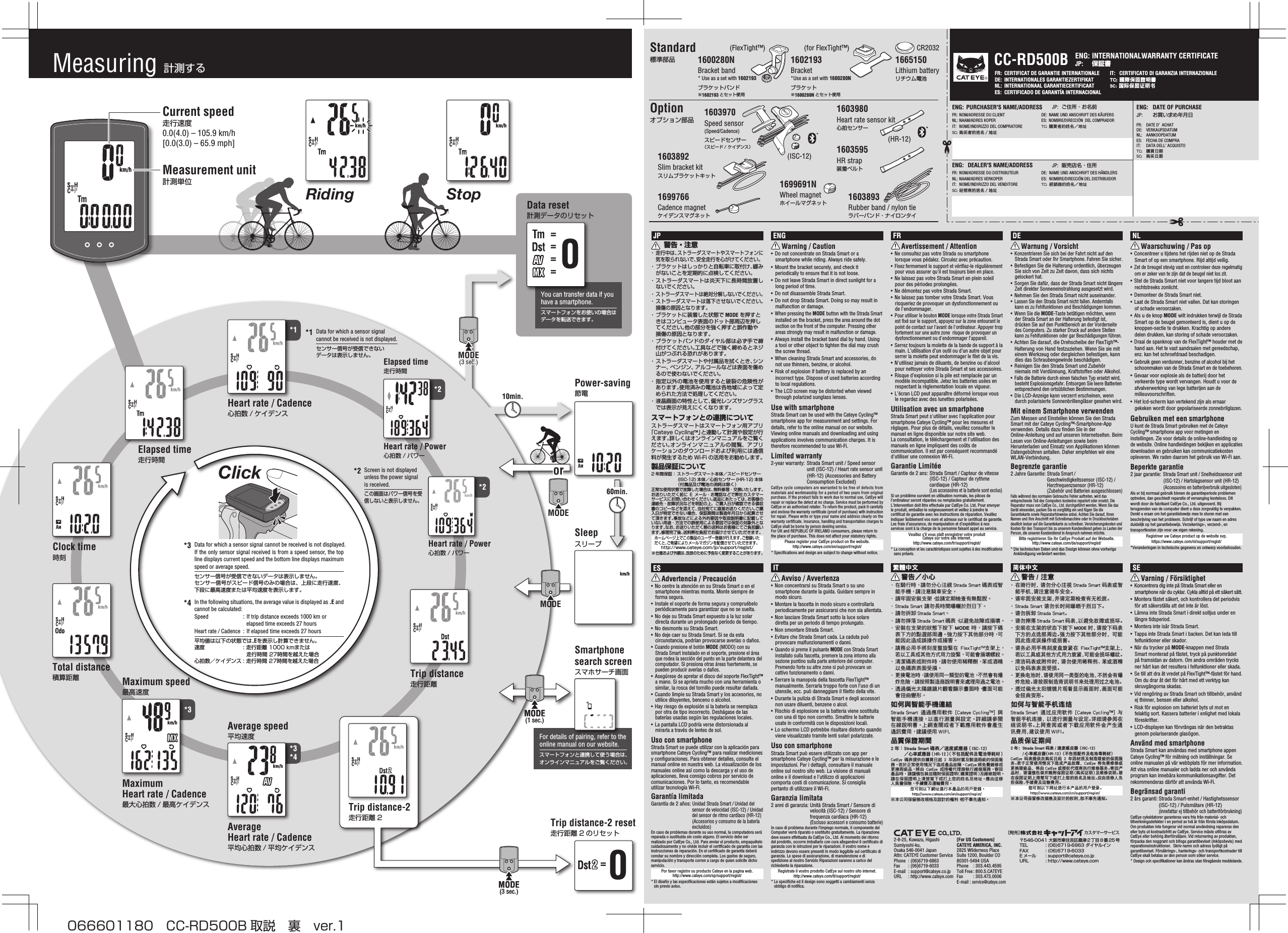 FR:  CERTIFICAT DE GARANTIE INTERNATIONALE  DE:  INTERNATIONALES GARANTIEZERTIFIKATNL:  INTERNATIONAAL GARANTIECERTIFICAATES:  CERTIFICADO DE GARANTÍA INTERNACIONAL IT:  CERTIFICATO DI GARANZIA INTERNAZIONALETC: 國際保固證明書SC: 国际保固证明书ENG: INTERNATIONALWARRANTY CERTIFICATEJP:  保証書ENG:  PURCHASER&apos;S NAME/ADDRESS JP:  ご住所・お名前FR: NOM/ADRESSE DU CLIENT  DE:  NAME UND ANSCHRIFT DES KÄUFERSNL: NAAM/ADRES KOPER  ES: NOMBRE/DIRECCIÓN  DEL COMPRADOR IT:  NOME/INDIRIZZO DEL COMPRATORE  TC:  購買者的姓名地址SC: 购买者的姓名／地址 ENG:  DEALER&apos;S NAME/ADDRESS JP:  販売店名・住所 FR: NOM/ADRESSE DU DISTRIBUTEUR  DE:  NAME UND ANSCHRIFT DES HÄNDLERS NL: NAAM/ADRES VERKOPER  ES: NOMBRE/DIRECCIÓN DEL DISTRIBUIDOR IT:  NOME/INDIRIZZO DEL VENDITORE  TC:  經銷商的姓名地址 SC: 经销商的姓名／地址 ®CC-RD500BENG:  DATE OF PURCHASEJP:  お買い求め年月日FR:  DATE D’ ACHAT DE: VERKAUFSDATUMNL: AANKOOPDATUM ES:  FECHA DE COMPRAIT:  DATA DELL’ ACQUISTOTC:  購買日期SC:  购买日期ClickMODEMODEor10min.MODE(3 sec.)MODE(3 sec.)60min.MODE(1 sec.)MODE(1 sec.)MODE(3 sec.)MODE(3 sec.)*1*2*3*4*2*30====0=Measuring  計測するCurrent speed走行速度0.0(4.0) – 105.9 km/h[0.0(3.0) – 65.9 mph]Measurement unit計測単位1600280NBracket band* Use as a set with 1602193ブラケットバンド※1602193 とセット使用1699691NWheel magnetホイールマグネット1699766Cadence magnetケイデンスマグネット1603595HR strap装着ベルト1603892Slim bracket kitスリムブラケットキット1603893Rubber band / nylon tieラバーバンド・ナイロンタイ1602193Bracket*Use as a set with 1600280Nブラケット※1600280N とセット使用1665150Lithium batteryリチウム電池(FlexTight™) (for FlexTight™) CR2032Standard標準部品Optionオプション部品 1603970Speed sensor(Speed/Cadence) スピードセンサー（スピード / ケイデンス）1603980Heart rate sensor kit心拍センサー(ISC-12)(HR-12)For details of pairing, refer to the online manual on our website.スマートフォンと連携して使う場合は、オンラインマニュアルをご覧ください。Trip distance-2 reset走行距離 2 のリセットSmartphone search screenスマホサーチ画面Power-saving節電SleepスリープHeart rate / Cadence心拍数 / ケイデンスElapsed time走行時間Heart rate / Power心拍数 / パワーTrip distance走行距離Clock time時刻Trip distance-2走行距離 2Total distance積算距離Average speed平均速度Average Heart rate / Cadence平均心拍数 / 平均ケイデンスElapsed time走行時間Heart rate / Power心拍数 / パワーMaximum speed最高速度Maximum Heart rate / Cadence最大心拍数 / 最高ケイデンスStopRidingYou can transfer data if you have a smartphone.スマートフォンをお使いの場合はデータを転送できます。Data reset計測データのリセットENGWarning / Caution•  Do not concentrate on Strada Smart or a smartphone while riding. Always ride safely.•  Mount the bracket securely, and check it periodically to ensure that it is not loose.•  Do not leave Strada Smart in direct sunlight for a long period of time.•  Do not disassemble Strada Smart.•  Do not drop Strada Smart. Doing so may result in malfunction or damage.• When pressing the MODE button with the Strada Smart installed on the bracket, press the area around the dot section on the front of the computer. Pressing other areas strongly may result in malfunction or damage.•  Always install the bracket band dial by hand. Using a tool or other object to tighten the dial may crush the screw thread.•  When cleaning Strada Smart and accessories, do not use thinners, benzine, or alcohol.•  Risk of explosion if battery is replaced by an incorrect type. Dispose of used batteries according to local regulations.•  The LCD screen may be distorted when viewed through polarized sunglass lenses.Use with smartphoneStrada Smart can be used with the Cateye Cycling™ smartphone app for measurement and settings. For details, refer to the online manual on our website. Viewing online manuals and downloading and using applications involves communication charges. It is therefore recommended to use Wi-Fi.Limited warranty2-year warranty: Strada Smart unit / Speed sensor unit (ISC-12) / Heart rate sensor unit (HR-12) (Accessories and Battery Consumption Excluded)CatEye cycle computers are warranted to be free of defects from materials and workmanship for a period of two years from original purchase. If the product fails to work due to normal use, CatEye will repair or replace the defect at no charge. Service must be performed by CatEye or an authorized retailer. To return the product, pack it carefully and enclose the warranty certificate (proof of purchase) with instruction for repair. Please write or type your name and address clearly on the warranty certificate. Insurance, handling and transportation charges to CatEye shall be borne by person desiring service.For UK and REPUBLIC OF IRELAND consumers, please return to the place of purchase. This does not affect your statutory rights.Please register your CatEye product on the website.http://www.cateye.com/en/support/regist/* Specifications and design are subject to change without notice.JP警告・注意・ 走行中は、ストラーダスマートやスマートフォンに気を取られないで、安全走行を心がけてください。・ ブラケットはしっかりと自転車に取付け、緩みがないことを定期的に点検してください。・ ストラーダスマートは炎天下に長時間放置しないでください。・ ストラーダスマートは絶対分解しないでください。・ ストラーダスマートは落下させないでください。損傷の原因となります。・ ブラケットに装着した状態で MODE を押すときはコンピュータ表面のドット部周辺を押してください。他の部分を強く押すと誤作動や損傷の原因となります。・ ブラケットバンドのダイヤル部は必ず手で締付けてください。工具などで強く締めるとネジ山がつぶれる恐れがあります。・ ストラーダスマートや付属品を拭くとき、シンナー、ベンジン、アルコールなどは表面を傷めるので使わないでください。・ 指定以外の電池を使用すると破裂の危険性があります。使用済みの電池は各地域によって定められた方法で処理してください。・ 液晶画面の特性として、偏光レンズサングラスでは表示が見えにくくなります。スマートフォンとの連携についてストラーダスマートはスマートフォン用アプリ「Cateye Cycling™」と連動して計測や設定が行えます。詳しくはオンラインマニュアルをご覧ください。オンラインマニュアルの閲覧、アプリケーションのダウンロードおよび利用には通信料が発生するため Wi-Fi の活用をお勧めします。製品保証について2 年間保証： ストラーダスマート本体／スピードセンサー(ISC-12) 本体／心拍センサー (HR-12) 本体（付属品及び電池の消耗は除く）正常な使用状態で故障した場合は、無料修理・交換いたします。お送りいただく前に E メール・お電話などで弊社カスタマーサービスにお問い合わせください。返品にあたっては、お客様の連絡先・故障状況などを明記の上、ご購入日が確認できる領収書のコピーなどを添えて、当社宛てに直接お送りください。ご購入日が特定できない場合、保証期間は製造年月日から起算させて頂きます。事故などによる外的要因や取扱説明書に記載していない用途・方法での誤使用による要因では保証の対象外となります。なお、お送りいただく際の送料はお客様にてご負担願います。修理完了後、送料弊社負担でお届けさせていただきます。ホームページ上でこの製品のユーザー登録が行えます。ご登録いただくと、ご希望によりメールマガジンを配信させていただきます。http://www.cateye.com/jp/support/regist/※ 仕様および外観は、改良のために予告なく変更することがあります。Data for which a sensor signal cannot be received is not displayed. If the only sensor signal received is from a speed sensor, the top line displays current speed and the bottom line displays maximum speed or average speed.センサー信号が受信できないデータは表示しません。センサー信号がスピード信号のみの場合は、上段に走行速度、下段に最高速度または平均速度を表示します。*3In the following situations, the average value is displayed as .E and cannot be calculated:Speed  : If trip distance exceeds 1000 km or elapsed time exceeds 27 hoursHeart rate / Cadence  : If elapsed time exceeds 27 hours平均値は以下の状態では.Eを表示し計算できません。速度  : 走行距離 1000 kmまたは走行時間 27時間を越えた場合心拍数／ケイデンス : 走行時間 27時間を越えた場合*4Data for which a sensor signal cannot be received is not displayed.センサー信号が受信できないデータは表示しません。*1Screen is not displayed unless the power signal is received.この画面はパワー信号を受信しないと表示しません。*22-8-25, Kuwazu, Higashi Sumiyoshi-ku, Osaka 546-0041 JapanAttn: CATEYE Customer ServicePhone  : (06)6719-6863Fax  : (06)6719-6033E-mail  : support@cateye.co.jpURL  : http://www.cateye.com［宛先］ カスタマーサービス  〒546-0041 大阪市東住吉区桑津 2 丁目 8 番 25 号  TEL  : (06)6719-6863 ダイヤルイン  FAX  : (06)6719-6033  E メール  : support@cateye.co.jp  URL  : http://www.cateye.com[For US Customers]CATEYE AMERICA, INC.2825 Wilderness Place Suite 1200, Boulder CO 80301-5494 USAPhone  : 303.443.4595Toll Free : 800.5.CATEYEFax  : 303.473.0006E-mail : service@cateye.comITAvviso / Avvertenza•  Non concentrarsi su Strada Smart o su uno smartphone durante la guida. Guidare sempre in modo sicuro.• Montare la fascetta in modo sicuro e controllarla periodicamente per assicurarsi che non sia allentata.•  Non lasciare Strada Smart sotto la luce solare diretta per un periodo di tempo prolungato.•  Non smontare Strada Smart.•  Evitare che Strada Smart cada. La caduta può provocare malfunzionamenti o danni.• Quando si preme il pulsante MODE con Strada Smart installato sulla fascetta, premere la zona intorno alla sezione puntino sulla parte anteriore del computer. Premendo forte su altre zone si può provocare un cattivo funzionamento o danni.•  Serrare la manopola della fascetta FlexTight™ manualmente. Serrarla troppo forte con l’uso di un utensile, ecc. può danneggiare il filetto della vite.•  Durante la pulizia di Strada Smart e degli accessori non usare diluenti, benzene o alcol.•  Rischio di esplosione se la batteria viene sostituita con una di tipo non corretto. Smaltire le batterie usate in conformità con le disposizioni locali.•  Lo schermo LCD potrebbe risultare distorto quando viene visualizzato tramite lenti solari polarizzate.Uso con smartphoneStrada Smart può essere utilizzato con app per smartphone Cateye Cycling™ per la misurazione e le impostazioni. Per i dettagli, consultare il manuale online sul nostro sito web. La visione di manuali online e il download e l&apos;utilizzo di applicazioni comporta costi di comunicazione. Si consiglia pertanto di utilizzare il Wi-Fi.Garanzia limitata2 anni di garanzia: Unità Strada Smart / Sensore di velocità (ISC-12) / Sensore di frequenza cardiaca (HR-12) (Escluso accessori e consumo batterie)In caso di problema durante l’impiego normale, il componente del Computer verrà riparato o sostituito gratuitamente. La riparazione deve essere effettuata da CatEye Co., Ltd. Al momento del ritorno del prodotto, occorre imballarlo con cura allegandovi il certificato di garanzia con le istruzioni per le riparazioni. Il vostro nome e indirizzo devono essere presenti in modo leggibile sul certificato di garanzia. Le spese di assicurazione, di manutenzione e di spedizione al nostro Servizio Riparazioni saranno a carico del richiedente la riparazione. Registrate il vostro prodotto CatEye sul nostro sito internet. http://www.cateye.com/it/support/regist/* Le specifiche ed il design sono soggetti a cambiamenti senza obbligo di notifica.ESAdvertencia / Precaución•  No centre la atención en su Strada Smart o en el smartphone mientras monta. Monte siempre de forma segura.•  Instale el soporte de forma segura y compruébelo periódicamente para garantizar que no se suelta.•  No deje su Strada Smart expuesto a la luz solar directa durante un prolongado período de tiempo.•  No desmonte su Strada Smart.•  No deje caer su Strada Smart. Si se da esta circunstancia, podrían provocarse averías o daños.• Cuando presione el botón MODE (MODO) con su Strada Smart instalado en el soporte, presione el área que rodea la sección del punto en la parte delantera del computador. Si presiona otras áreas fuertemente, se pueden producir averías o daños.• Asegúrese de apretar el disco del soporte FlexTight™ a mano. Si se aprieta mucho con una herramienta o similar, la rosca del tornillo puede resultar dañada.•  Cuando limpie su Strada Smart y los accesorios, no utilice diluyentes, benceno o alcohol.•  Hay riesgo de explosión si la batería se reemplaza por otra de tipo incorrecto. Deshágase de las baterías usadas según las regulaciones locales.•  La pantalla LCD podría verse distorsionada al mirarla a través de lentes de sol.Uso con smartphoneStrada Smart se puede utilizar con la aplicación para smartphone Cateye Cycling™ para realizar mediciones y configuraciones. Para obtener detalles, consulte el manual online en nuestra web. La visualización de los manuales online así como la descarga y el uso de aplicaciones, lleva consigo cobros por servicio de comunicaciones. Por lo tanto, es recomendable utilizar tecnología Wi-Fi.Garantía limitadaGarantía de 2 años: Unidad Strada Smart / Unidad del sensor de velocidad (ISC-12) / Unidad del sensor de ritmo cardíaco (HR-12) (Accesorios y consumo de la batería excluidos)En caso de problemas durante su uso normal, la computadora será reparada o sustituida sin costo alguno. El servicio debe ser realizado por CatEye Co., Ltd. Para enviar el producto, empaquételo cuidadosamente y no olvide incluir el certificado de garantía con las instrucciones de reparación. En el certificado de garantía deberá constar su nombre y dirección completa. Los gastos de seguro, manipulación y transporte corren a cargo de quien solicite dicho servicio. Por favor registre su producto Cateye en la pagina web. http://www.cateye.com/sp/support/regist/* El diseño y las especificaciones están sujetos a modificaciones sin previo aviso.FRAvertissement / Attention•  Ne consultez pas votre Strada ou smartphone lorsque vous pédalez. Circulez avec précaution.• Fixez fermement le support et vérifiez-le régulièrement pour vous assurer qu&apos;il est toujours bien en place.•  Ne laissez pas votre Strada Smart en plein soleil pour des périodes prolongées.•  Ne démontez pas votre Strada Smart.•  Ne laissez pas tomber votre Strada Smart. Vous risqueriez de provoquer un dysfonctionnement ou de l&apos;endommager.• Pour utiliser le bouton MODE lorsque votre Strada Smart est fixé sur le support, appuyez sur la zone entourant le point de contact sur l&apos;avant de l&apos;ordinateur. Appuyer trop fortement sur une autre zone  risque de provoquer un dysfonctionnement ou d&apos;endommager l&apos;appareil.• Serrez toujours la molette de la bande de support à la main. L’utilisation d’un outil ou d’un autre objet pour serrer la molette peut endommager le filet de la vis.• N&apos;utilisez jamais de diluants, de benzine ou d&apos;alcool pour nettoyer votre Strada Smart et ses accessoires.•  Risque d’explosion si la pile est remplacée par un modèle incompatible. Jetez les batteries usées en respectant la règlementation locale en vigueur.•  L’écran LCD peut apparaître déformé lorsque vous le regardez avec des lunettes polarisées.Utilisation avec un smartphoneStrada Smart peut s&apos;utiliser avec l&apos;application pour smartphone Cateye Cycling™ pour les mesures et réglages. Pour plus de détails, veuillez consulter le manuel en ligne disponible sur notre site web. La consultation, le téléchargement et l&apos;utilisation des manuels en ligne impliquent des coûts de communication. Il est par conséquent recommandé d&apos;utiliser une connexion Wi-Fi.Garantie LimitéeGarantie de 2 ans: Strada Smart / Capteur de vitesse (ISC-12) / Capteur de rythme cardiaque (HR-12) (Les accessoires et la batterie sont exclus)Si un problème survient en utilisation normale, les pièces de l’ordinateur seront réparées ou remplacées gratuitement. L’intervention doit être effectuée par CatEye Co. Ltd. Pour envoyer le produit, emballez-le soigneusement et veillez à joindre le certificat de garantie avec les instructions de réparation. Veuillez indiquer lisiblement vos nom et adresse sur le certificat de garantie. Les frais d’assurance, de manipulation et d’expédition à nos services sont à la charge de la personne faisant appel au service.Veuillez s’il vous plaît enregistrer votre produit Cateye sur notre site internet. http://www.cateye.com/fr/support/regist/* La conception et les caractéristiques sont sujettes à des modifications sans préavis.DEWarnung / Vorsicht• Konzentrieren Sie sich bei der Fahrt nicht auf den Strada Smart oder Ihr Smartphone. Fahren Sie sicher.•  Befestigen Sie die Halterung ordentlich, überzeugen Sie sich von Zeit zu Zeit davon, dass sich nichts gelockert hat.• Sorgen Sie dafür, dass der Strada Smart nicht längere Zeit direkter Sonneneinstrahlung ausgesetzt wird.•  Nehmen Sie den Strada Smart nicht auseinander.• Lassen Sie den Strada Smart nicht fallen. Andernfalls kann es zu Fehlfunktionen und Beschädigungen kommen.• Wenn Sie die MODE-Taste betätigen möchten, wenn der Strada Smart an der Halterung befestigt ist, drücken Sie auf den Punktbereich an der Vorderseite des Computers. Zu starker Druck auf andere Stellen kann zu Fehlfunktionen oder gar Beschädigungen führen.•  Achten Sie darauf, die Drehscheibe der FlexTigh™-   Halterung von Hand festzuziehen. Wenn Sie sie mit einem Werkzeug oder dergleichen befestigen, kann dies das Schraubengewinde beschädigen.•  Reinigen Sie den Strada Smart und Zubehör niemals mit Verdünnung, Kraftstoffen oder Alkohol.• Falls die Batterie durch einen falschen Typ ersetzt wird, besteht Explosionsgefahr. Entsorgen Sie leere Batterien entsprechend den ortsüblichen Bestimmungen.• Die LCD-Anzeige kann verzerrt erscheinen, wenn durch polarisierte Sonnenbrillengläser gesehen wird.Mit einem Smartphone verwendenZum Messen und Einstellen können Sie den Strada Smart mit der Cateye Cycling™-Smartphone-App verwenden. Details dazu finden Sie in der Online-Anleitung und auf unseren Internetseiten. Beim Lesen von Online-Anleitungen sowie beim Herunterladen und Einsatz von Applikationen können Datengebühren anfallen. Daher empfehlen wir eine WLAN-Verbindung.Begrenzte garantie2 Jahre Garantie: Strada Smart / Geschwindigkeitssensor (ISC-12) / Herzfrequenzsensor (HR-12) (Zubehör und Batterien ausgeschlossen)Falls während des normalen Gebrauchs Fehler auftreten, wird das entsprechende Teil des Computers kostenlos repariert oder ersetzt. Die Reparatur muss von CatEye Co., Ltd. durchgeführt werden. Wenn Sie das Gerät einsenden, packen Sie es sorgfältig ein und fügen Sie die Garantiekarte sowie Reparaturhinweise anbei. Achten Sie darauf, Ihren Namen und Ihre Anschrift mit Schreibmaschine oder in Druckbuchstaben deutlich lesbar auf die Garantiekarte zu schreiben. Versicherungskosten und Kosten für den Transport bis zu unserem Kundendienst gehen zu Lasten der Person, die unseren Kundendienst in Anspruch nehmen möchte.Bitte registrieren Sie Ihr CatEye Produkt auf der Webseite.http://www.cateye.com/de/support/regist/* Die technischen Daten und das Design können ohne vorherige Ankündigung verändert werden.NLWaarschuwing / Pas op•  Concentreer u tijdens het rijden niet op de Strada Smart of op een smartphone. Rijd altijd veilig.• Zet de breugel stevig vast en controleer deze regelmatig om er zeker van te zijn dat de beugel niet los zit.•  Stel de Strada Smart niet voor langere tijd bloot aan rechtstreeks zonlicht.•  Demonteer de Strada Smart niet.•  Laat de Strada Smart niet vallen. Dat kan storingen of schade veroorzaken.•  Als u de knop MODE wilt indrukken terwijl de Strada Smart op de beugel gemonteerd is, dient u op de knoppen-sectie te drukken. Krachtig op andere delen drukken, kan storing of schade veroorzaken. •  Draai de spanknop van de FlexTight™ houder met de hand aan. Het te vast aandraaien met gereedschap, enz. kan het schroefdraad beschadigen.•  Gebruik geen verdunner, benzine of alcohol bij het schoonmaken van de Strada Smart en de toebehoren.•  Gevaar voor explosie als de batterij door het verkeerde type wordt vervangen. Houdt u voor de afvalverwerking van lege batterijen aan de milieuvoorschriften.•  Het lcd-scherm kan vertekend zijn als ernaar gekeken wordt door gepolariseerde zonnebrilglazen.Gebruiken met een smartphoneU kunt de Strada Smart gebruiken met de Cateye Cycling™ smartphone app voor metingen en instellingen. Zie voor details de online-handleiding op de website. Online handleidingen bekijken en applicaties downloaden en gebruiken kan communicatiekosten opleveren. We raden daarom het gebruik van Wi-Fi aan.Beperkte garantie2 jaar garantie: Strada Smart unit / Snelheidssensor unit (ISC-12) / Hartslagsensor unit (HR-12) (Accessoires en batterijverbruik uitgesloten)Als er bij normaal gebruik binnen de garantieperiode problemen optreden, dan geschiedt reparatie of vervanging kosteloos. Dit wordt door de fabrikant CatEye Co., Ltd. uitgevoerd. Bij terugzenden van de computer dient u deze zorgvuldig te verpakken. Denkt u eraan om het garantiebewijs mee te sturen met een beschrijving van het probleem. Schrijf of type uw naam en adres duidelijk op het garantiebewijs. Verzekerings-, verzend-, en transportkosten zijn voor uw eigen rekening.Registreer uw Cateye product op de website svp.https://www.cateye.com/nl/support/regist/*Veranderingen in technische gegevens en ontwerp voorbehouden.简体中文警告 / 注意・ 在骑行时，请勿分心注视 Strada Smart 码表或智能手机，请注意骑车安全。・ 请牢固安装支架，并请定期检查有无松脱。・ Strada Smart 请勿长时间曝晒于烈日下。・ 请勿拆卸 Strada Smart。・ 请勿摔落 Strada Smart 码表，以避免故障或损坏。・ 安装在支架的状态下按下 MODE 时，请按下码表下方的点选部周边。强力按下其他部分时，可能因此造成误操作或损害。・ 请务必用手将刻度盘旋紧在 FlexTight󰔣支架上，若以工具或其他方式用力旋紧，可能会损坏螺纹。・ 清洁码表或附件时，请勿使用稀释剂、苯或酒精以免码表表面受损。・ 更换电池时，请使用同一类型的电池，不然会有爆炸危险。请按照制造商说明书来处理用过之电池。・ 透过偏光太阳镜镜片观看显示画面时，画面可能会扭曲变形。如何与智能手机连结Strada Smart 通过应用软件 [Cateye Cycling󰔣] 与智能手机连接，以进行测量与设定。详细请参阅在线说明书。上网查阅或者下载应用软件会产生通讯费用，建议使用 WIFI。品质保证期间2 年： Strada Smart 码表 / 速度感应器 （ISC-12)/ 心率感应器（HR-12） （不包括配件及电池等耗材）CatEye 码表提供自购买日起 2 年因材质及制造瑕疵的保固服务。若于正常使用情况下造成产品故障，CatEye 将免费维修或更换瑕疵品，将由 CatEye 或授权代理商执行维修服务。寄回产品时，请谨慎包装并随附保固证明（购买证明）及维修说明。请在保固证明上清楚写下或打上您的姓名及地址。应由送修人负担保险、手续费及运输费用。您可到以下网址进行本产品的用户登录。http://www.cateye.com/cn/support/regist/※ 本公司保留修改规格及设计的权利，恕不事先通知。SEVarning / Försiktighet•  Koncentrera dig inte på Strada Smart eller en smartphone när du cyklar. Cykla alltid på ett säkert sätt.•  Montera fästet säkert, och kontrollera det periodvis för att säkerställa att det inte är löst.•  Lämna inte Strada Smart i direkt solljus under en längre tidsperiod.•  Montera inte isär Strada Smart.•  Tappa inte Strada Smart i backen. Det kan leda till felfunktioner eller skador.•  När du trycker på MODE-knappen med Strada Smart monterad på fästet, tryck på punktområdet på framsidan av datorn. Om andra områden trycks ner hårt kan det resultera i felfunktioner eller skada.•  Se till att dra åt vredet på FlexTight™-fästet för hand. Om du drar åt det för hårt med ett verktyg kan skruvgängorna skadas.•  Vid rengöring av Strada Smart och tillbehör, använd ej thinner, bensen eller alkohol.•  Risk för explosion om batteriet byts ut mot en felaktig sort. Kassera batterier i enlighet med lokala föreskrifter.•  LCD-displayen kan förvrängas när den betraktas genom polariserande glasögon.Använd med smartphoneStrada Smart kan användas med smartphone appen Cateye Cycling™ för mätning och inställningar. Se online manualen på vår webbplats för mer information. Att visa online manualer och ladda ner och använda program kan innebära kommunikationsavgifter. Det rekommenderas därför att använda Wi-Fi.Begränsad garanti2 års garanti: Strada Smart-enhet / Hastighetssensor (ISC-12) / Pulsmätare (HR-12) (innefattar ej tillbehör och batteriförbrukning)CatEye cykeldatorer garanteras vara fria från material- och tillverkningsdefekter i en period av två år från första inköpsdatum. Om produkten inte fungerar vid normal användning repareras den eller byts ut kostnadsfritt av CatEye. Service måste utföras av CatEye eller behörig återförsäljare. Vid returnering av produkten, förpacka den noggrant och bifoga garantibeviset (inköpsbevis) med reparationsinstruktioner.  Skriv namn och adress tydligt på garantibeviset. Försäkrings-, hanterings- och transportkostnader till CatEye skall betalas av den person som söker service.* Design och specifikationer kan ändras utan föregående meddelande.繁體中文警告小心· 在騎行時，請勿分心注視 Strada Smart 碼表或智能手機， 請注意騎車安全。· 請牢固安裝支架，並請定期檢查有無鬆脫。· Strada Smart 請勿長時間曝曬於烈日下。· 請勿拆卸 Strada Smart。· 請勿摔落 Strada Smart 碼表，以避免故障或損壞。· 安裝在支架的狀態下按下 MODE 時，請按下碼表下方的點選部周邊。 強力按下其他部分時，可能因此造成誤操作或損害。· 請務必用手將刻度盤旋緊在 FlexTight支架上，若以工具或其他方式用力旋緊，   可能會損壞螺紋。· 清潔碼表或附件時，請勿使用稀釋劑、苯或酒精以免碼表表面受損。· 更換電池時，請使用同一類型的電池，不然會有爆炸危險。 請按照製造商說明書來處理用過之電池。· 透過偏光太陽鏡鏡片觀看顯示畫面時，畫面可能會扭曲變形。如何與智能手機連結Strada Smart 通過應用軟件 [Cateye Cycling] 與智能手機連接， 以進行測量與設定。 詳細請參閱在線說明書。 上網查閱或者下載應用軟件會產生通訊費用， 建議使用 WIFI.品質保證期間2 年： Strada Smart 碼表速度感應器 （ISC-12)心率感應器 （HR-12） （不包括配件及電池等耗材）CatEye 碼表提供自購買日起 2 年因材質及製造瑕疵的保固服務。 若於正常使用情況下造成產品故障，CatEye 將免費維修或更換瑕疵品， 將由 CatEye 或授權代理商執行維修服務。 寄回產品時，請謹慎包裝並隨附保固證明（購買證明）及維修說明。 請在保固證明上清楚寫下或打上您的姓名及地址。 應由送修人負擔保險， 手續費及運輸費用。您可到以下網址進行本產品的用戶登錄。http://www.cateye.com/en/support/regist/※ 本公司保留修改規格及設計的權利，恕不事先通知。066601180 CC-RD500B 取説 裏 ver.1