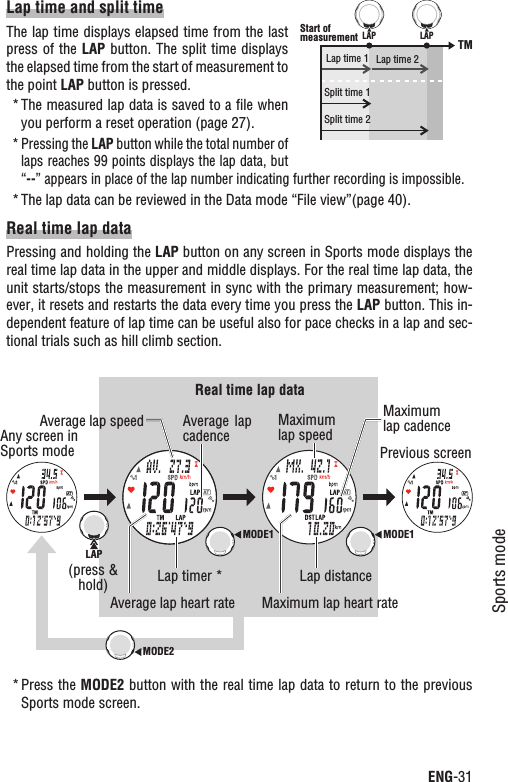 MODE2ENG-31Sports modeContinuePress the * MODE2 button with the real time lap data to return to the previous Sports mode screen.Lap time and split timeThe lap time displays elapsed time from the last press of the LAP button. The split time displays the elapsed time from the start of measurement to the point LAP button is pressed.The measured lap data is saved to a ﬁle when *you perform a reset operation (page 27).Pressing the * LAP button while the total number of laps reaches 99 points displays the lap data, but “--” appears in place of the lap number indicating further recording is impossible.The lap data can be reviewed in the Data mode “File view”(page 40).*Real time lap dataPressing and holding the LAP button on any screen in Sports mode displays the real time lap data in the upper and middle displays. For the real time lap data, the unit starts/stops the measurement in sync with the primary measurement; how-ever, it resets and restarts the data every time you press the LAP button. This in-dependent feature of lap time can be useful also for pace checks in a lap and sec-tional trials such as hill climb section.TMStart of measurementLap time 1Split time 1Split time 2Lap time 2LAP LAPPrevious screenReal time lap dataAverage lap speed Maximumlap speedAverage lap heart rate(press &amp; hold)Maximum lap heart rateLap timer *Average lap cadenceLap distanceMaximumlap cadenceAny screen in Sports modeLAPMODE1MODE1