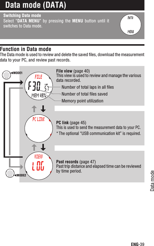 MODE1MODE2ENG-39Data modeContinueSwitching Data modeSelect “DATA  MENU”  by  pressing the MENU  button  until it switches to Data mode.Function in Data modeThe Data mode is used to review and delete the saved ﬁles, download the measurement data to your PC, and review past records.Data mode (DATA)Memory point utilizationNumber of total laps in all ﬁlesNumber of total ﬁles savedFile view (page 40)This view is used to review and manage the various data recorded.PC link (page 45)This is used to send the measurement data to your PC.The optional “USB communication kit” is required.*Past records (page 47)Past trip distance and elapsed time can be reviewed by time period.