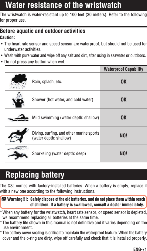 ENG-71ContinueWater resistance of the wristwatchThe wristwatch is water-resistant up to 100 feet (30 meters). Refer to the following for proper use.Before aquatic and outdoor activitiesCaution:The heart rate sensor and speed sensor are waterproof, but should not be used for UÊunderwater activities.Wash with pure water and wipe off any salt and dirt, after using in seawater or outdoors.UÊDo not press any button when wet.UÊWaterproof CapabilityRain, splash, etc. OKShower (hot water, and cold water) OKMild swimming (water depth: shallow) OKDiving, surﬁng, and other marine sports (water depth: shallow) NO!Snorkeling (water depth: deep) NO!Replacing batteryThe Q3a comes with factory-installed batteries. When a battery is empty, replace it with a new one according to the following instructions. Warning!!!:Safely dispose of the old batteries, and do not place them within reach of children. If a battery is swallowed, consult a doctor immediately.When any battery for the wristwatch, heart rate sensor, or speed sensor is depleted, *we recommend replacing all batteries at the same time.The battery life shown in this manual is not deﬁnitive and it varies depending on the *use environment.The battery cover sealing is critical to maintain the waterproof feature. When the battery *cover and the o-ring are dirty, wipe off carefully and check that it is installed properly.