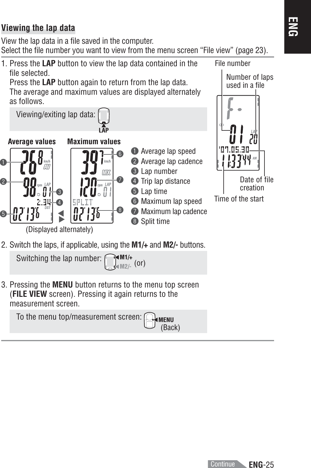 ENG-25ENG23154876Viewing the lap dataView the lap data in a file saved in the computer.Select the file number you want to view from the menu screen “File view” (page 23).1. Press the LAP button to view the lap data contained in thefile selected.Press the LAP button again to return from the lap data.The average and maximum values are displayed alternatelyas follows.Viewing/exiting lap data: LAP2. Switch the laps, if applicable, using the M1/+ and M2/- buttons.Switching the lap number: M1/+M2/-3. Pressing the MENU button returns to the menu top screen(FILE VIEW screen). Pressing it again returns to themeasurement screen.To the menu top/measurement screen: MENU1Average lap speed2Average lap cadence3Lap number4Trip lap distance5Lap time6Maximum lap speed7Maximum lap cadence8Split time(or)(Displayed alternately)(Back)Average values Maximum valuesContinueTime of the startFile numberNumber of lapsused in a fileDate of filecreation