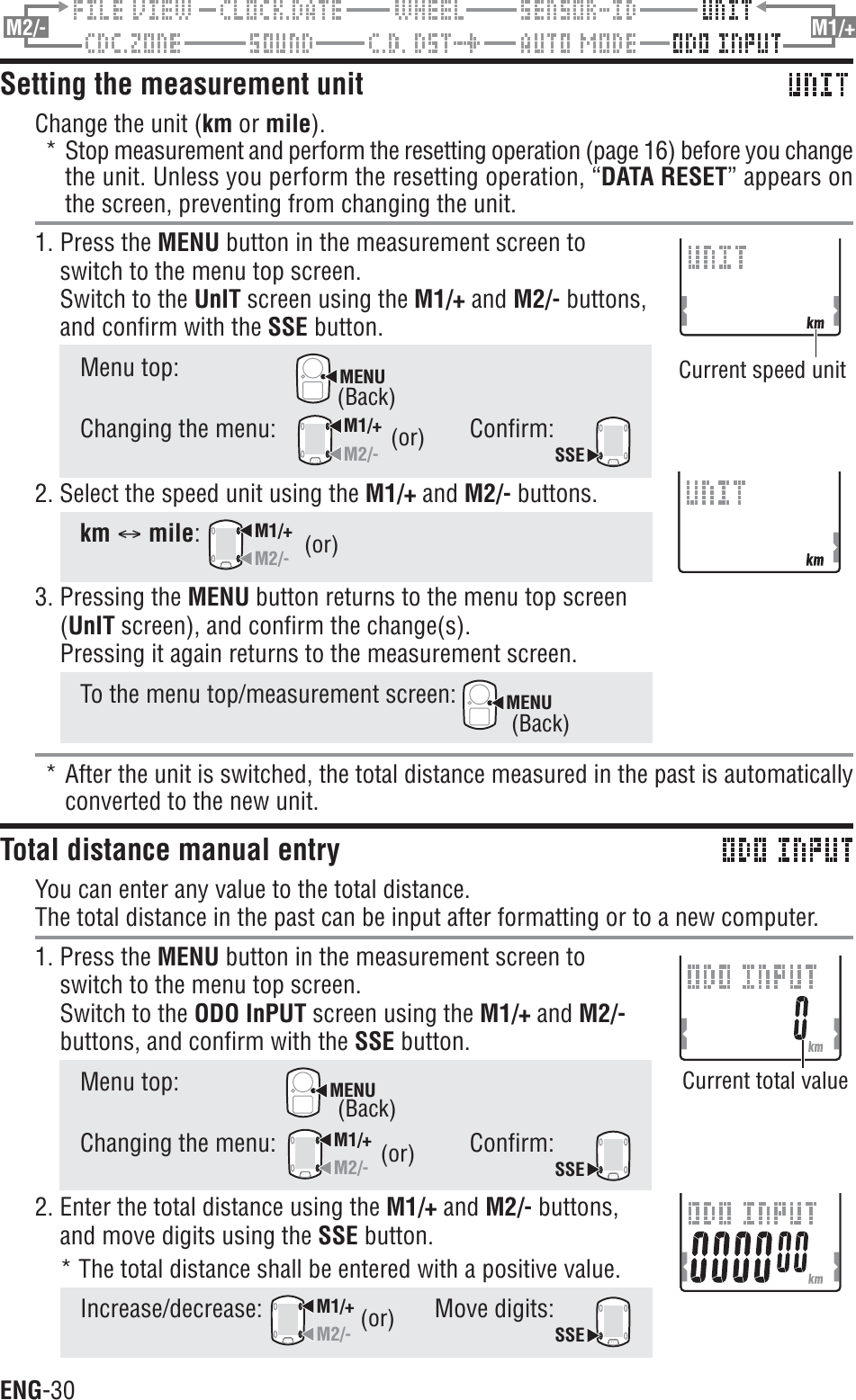 ENG-30M2/- M1/+Setting the measurement unitChange the unit (km or mile).* Stop measurement and perform the resetting operation (page 16) before you changethe unit. Unless you perform the resetting operation, “DATA RESET” appears onthe screen, preventing from changing the unit.1. Press the MENU button in the measurement screen toswitch to the menu top screen.Switch to the UnIT screen using the M1/+ and M2/- buttons,and confirm with the SSE button.Menu top:MENUChanging the menu:M1/+M2/-Confirm:SSE2. Select the speed unit using the M1/+ and M2/- buttons.km C mile:M1/+M2/-3. Pressing the MENU button returns to the menu top screen(UnIT screen), and confirm the change(s).Pressing it again returns to the measurement screen.To the menu top/measurement screen: MENU* After the unit is switched, the total distance measured in the past is automaticallyconverted to the new unit.Total distance manual entryYou can enter any value to the total distance.The total distance in the past can be input after formatting or to a new computer.1. Press the MENU button in the measurement screen toswitch to the menu top screen.Switch to the ODO InPUT screen using the M1/+ and M2/-buttons, and confirm with the SSE button.Menu top:MENUChanging the menu:M1/+M2/-Confirm:SSE2. Enter the total distance using the M1/+ and M2/- buttons,and move digits using the SSE button.* The total distance shall be entered with a positive value.Increase/decrease:M1/+M2/-Move digits:SSE(or)(or)(or)Current speed unitCurrent total value(Back)(Back)(Back)(or)