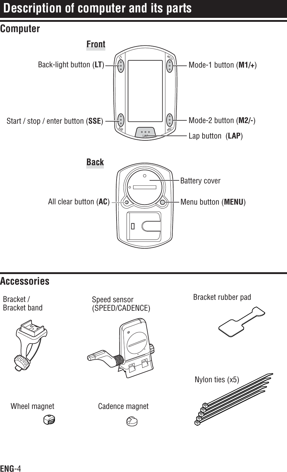 ENG-4Description of computer and its partsComputerAccessoriesBracket /Bracket bandSpeed sensor(SPEED/CADENCE)Bracket rubber padWheel magnet Cadence magnetNylon ties (x5)Back-light button (LT)Start / stop / enter button (SSE)Mode-1 button (M1/+)Mode-2 button (M2/-)Menu button (MENU)Lap button  (LAP)Battery coverAll clear button (AC)FrontBack