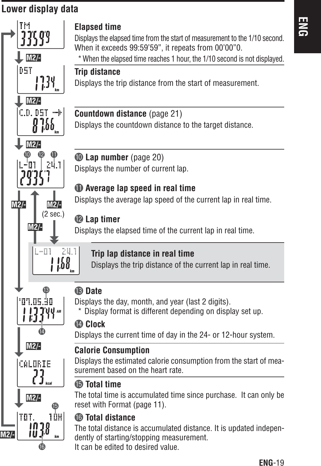 ENG-19ENG0 qwertyM2/-M2/-M2/-M2/-M2/-M2/-M2/-M2/-M2/-Elapsed timeDisplays the elapsed time from the start of measurement to the 1/10 second.When it exceeds 99:59’59”, it repeats from 00’00”0.*When the elapsed time reaches 1 hour, the 1/10 second is not displayed.Trip distanceDisplays the trip distance from the start of measurement.Countdown distance (page 21)Displays the countdown distance to the target distance.0Lap number (page 20)Displays the number of current lap.qAverage lap speed in real timeDisplays the average lap speed of the current lap in real time.wLap timerDisplays the elapsed time of the current lap in real time.Trip lap distance in real timeDisplays the trip distance of the current lap in real time.eDateDisplays the day, month, and year (last 2 digits).* Display format is different depending on display set up.rClockDisplays the current time of day in the 24- or 12-hour system.Calorie ConsumptionDisplays the estimated calorie consumption from the start of mea-surement based on the heart rate.tTotal timeThe total time is accumulated time since purchase.  It can only bereset with Format (page 11).yTotal distanceThe total distance is accumulated distance. It is updated indepen-dently of starting/stopping measurement.It can be edited to desired value.Lower display data(2 sec.)