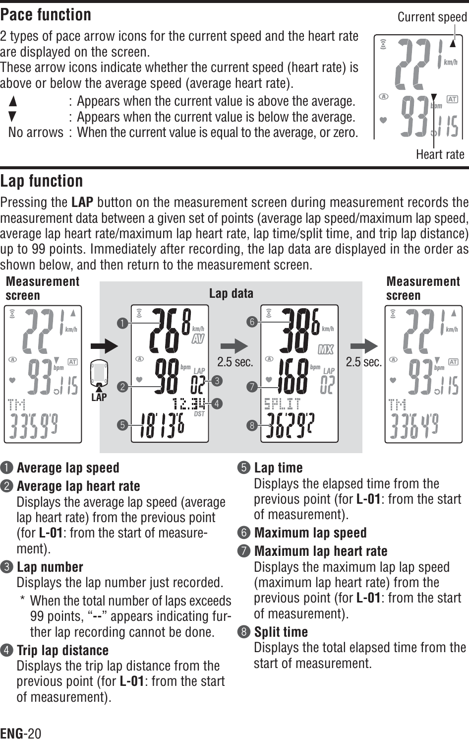 ENG-2012534678LAPPace function2 types of pace arrow icons for the current speed and the heart rateare displayed on the screen.These arrow icons indicate whether the current speed (heart rate) isabove or below the average speed (average heart rate).: Appears when the current value is above the average.: Appears when the current value is below the average.No arrows : When the current value is equal to the average, or zero.Lap functionPressing the LAP button on the measurement screen during measurement records themeasurement data between a given set of points (average lap speed/maximum lap speed,average lap heart rate/maximum lap heart rate, lap time/split time, and trip lap distance)up to 99 points. Immediately after recording, the lap data are displayed in the order asshown below, and then return to the measurement screen.MeasurementscreenCurrent speedHeart rate1Average lap speed2Average lap heart rateDisplays the average lap speed (averagelap heart rate) from the previous point(for L-01: from the start of measure-ment).3Lap numberDisplays the lap number just recorded.* When the total number of laps exceeds99 points, “--” appears indicating fur-ther lap recording cannot be done.4Trip lap distanceDisplays the trip lap distance from theprevious point (for L-01: from the startof measurement).Lap data5Lap timeDisplays the elapsed time from theprevious point (for L-01: from the startof measurement).6Maximum lap speed7Maximum lap heart rateDisplays the maximum lap lap speed(maximum lap heart rate) from theprevious point (for L-01: from the startof measurement).8Split timeDisplays the total elapsed time from thestart of measurement.2.5 sec. 2.5 sec.Measurementscreen