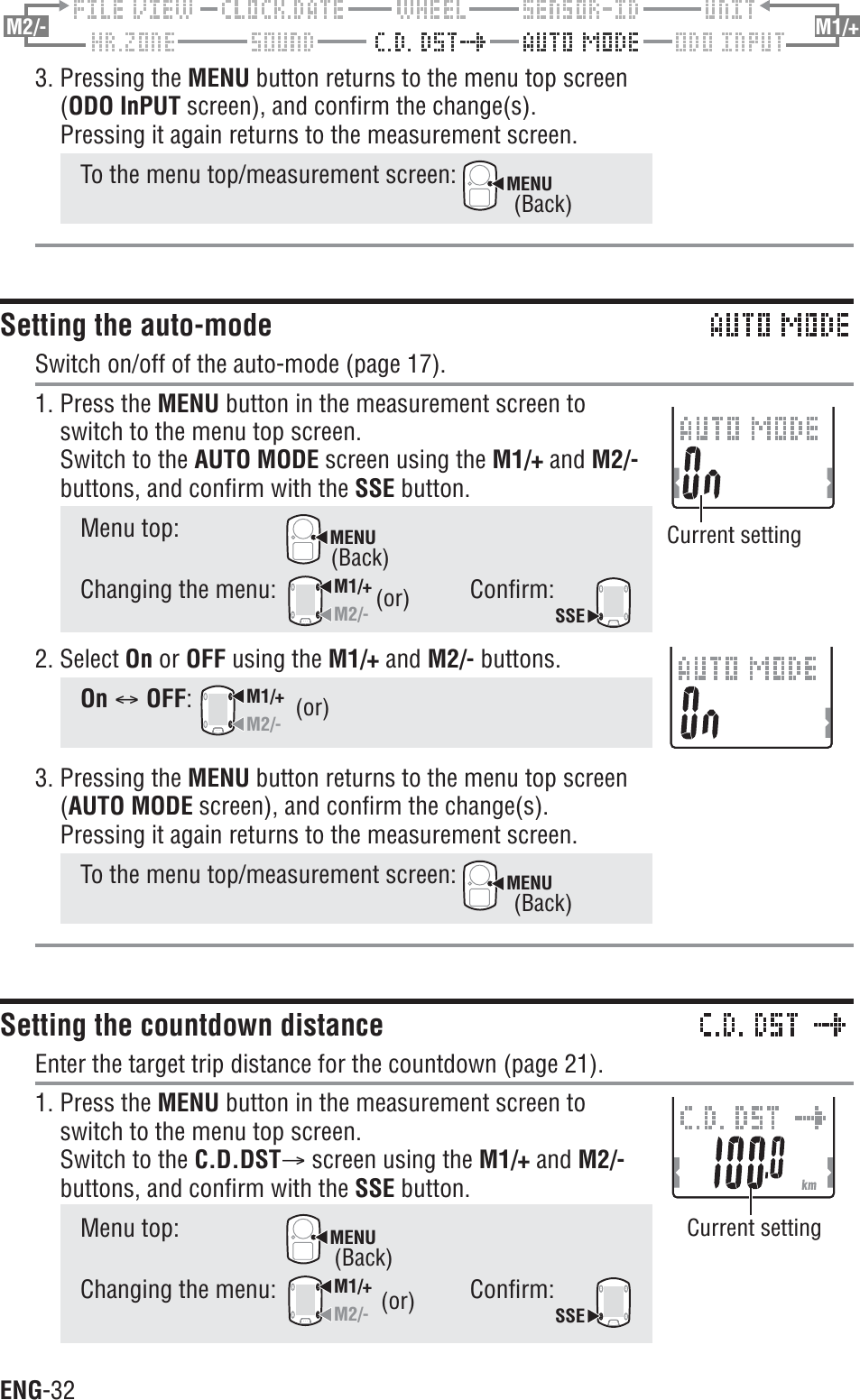 ENG-32M2/- M1/+3. Pressing the MENU button returns to the menu top screen(ODO InPUT screen), and confirm the change(s).Pressing it again returns to the measurement screen.To the menu top/measurement screen: MENUSetting the auto-modeSwitch on/off of the auto-mode (page 17).1. Press the MENU button in the measurement screen toswitch to the menu top screen.Switch to the AUTO MODE screen using the M1/+ and M2/-buttons, and confirm with the SSE button.Menu top:MENUChanging the menu:M1/+M2/-Confirm:SSE2. Select On or OFF using the M1/+ and M2/- buttons.On C OFF:M1/+M2/-3. Pressing the MENU button returns to the menu top screen(AUTO MODE screen), and confirm the change(s).Pressing it again returns to the measurement screen.To the menu top/measurement screen: MENUSetting the countdown distanceEnter the target trip distance for the countdown (page 21).1. Press the MENU button in the measurement screen toswitch to the menu top screen.Switch to the C.D.DSTA screen using the M1/+ and M2/-buttons, and confirm with the SSE button.Menu top:MENUChanging the menu:M1/+M2/-Confirm:SSE(or)(or)Current settingCurrent setting(or)(Back)(Back)(Back)(Back)