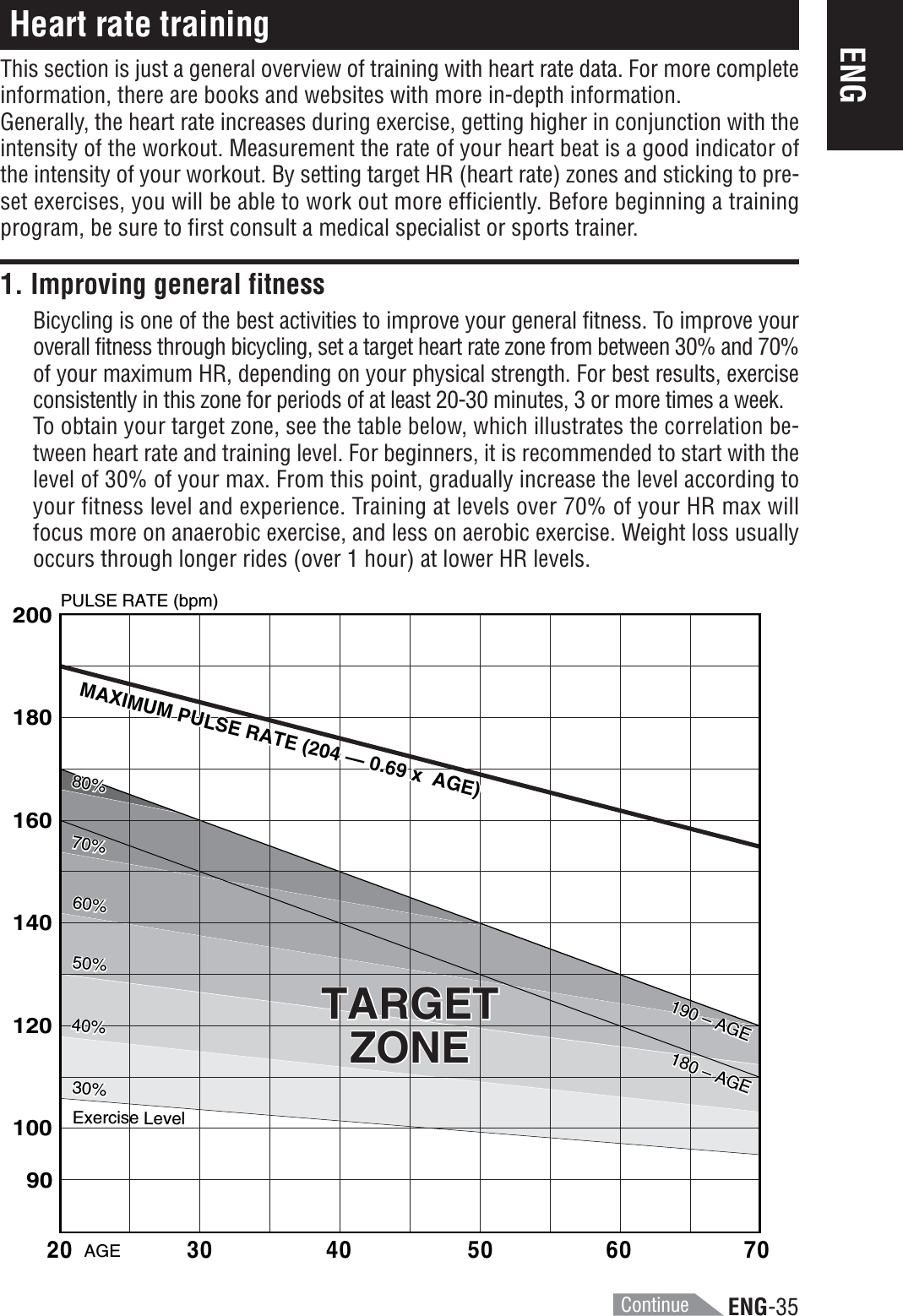 ENG-35ENGHeart rate trainingThis section is just a general overview of training with heart rate data. For more completeinformation, there are books and websites with more in-depth information.Generally, the heart rate increases during exercise, getting higher in conjunction with theintensity of the workout. Measurement the rate of your heart beat is a good indicator ofthe intensity of your workout. By setting target HR (heart rate) zones and sticking to pre-set exercises, you will be able to work out more efficiently. Before beginning a trainingprogram, be sure to first consult a medical specialist or sports trainer.1. Improving general fitnessBicycling is one of the best activities to improve your general fitness. To improve youroverall fitness through bicycling, set a target heart rate zone from between 30% and 70%of your maximum HR, depending on your physical strength. For best results, exerciseconsistently in this zone for periods of at least 20-30 minutes, 3 or more times a week.To obtain your target zone, see the table below, which illustrates the correlation be-tween heart rate and training level. For beginners, it is recommended to start with thelevel of 30% of your max. From this point, gradually increase the level according toyour fitness level and experience. Training at levels over 70% of your HR max willfocus more on anaerobic exercise, and less on aerobic exercise. Weight loss usuallyoccurs through longer rides (over 1 hour) at lower HR levels.PULSE RATE (bpm)AGE2001801601401201009020 30 40 50 60 70TARGETZONETARGETZONE30%40%50%60%70%80%Exercise Level30%40%50%60%70%80%MAXIMUM PULSE RATE (204 — 0.69 x  AGE)MAXIMUM PULSE RATE (204 — 0.69 x  AGE)190 – AGE180 – AGE190 – AGE180 – AGEContinue