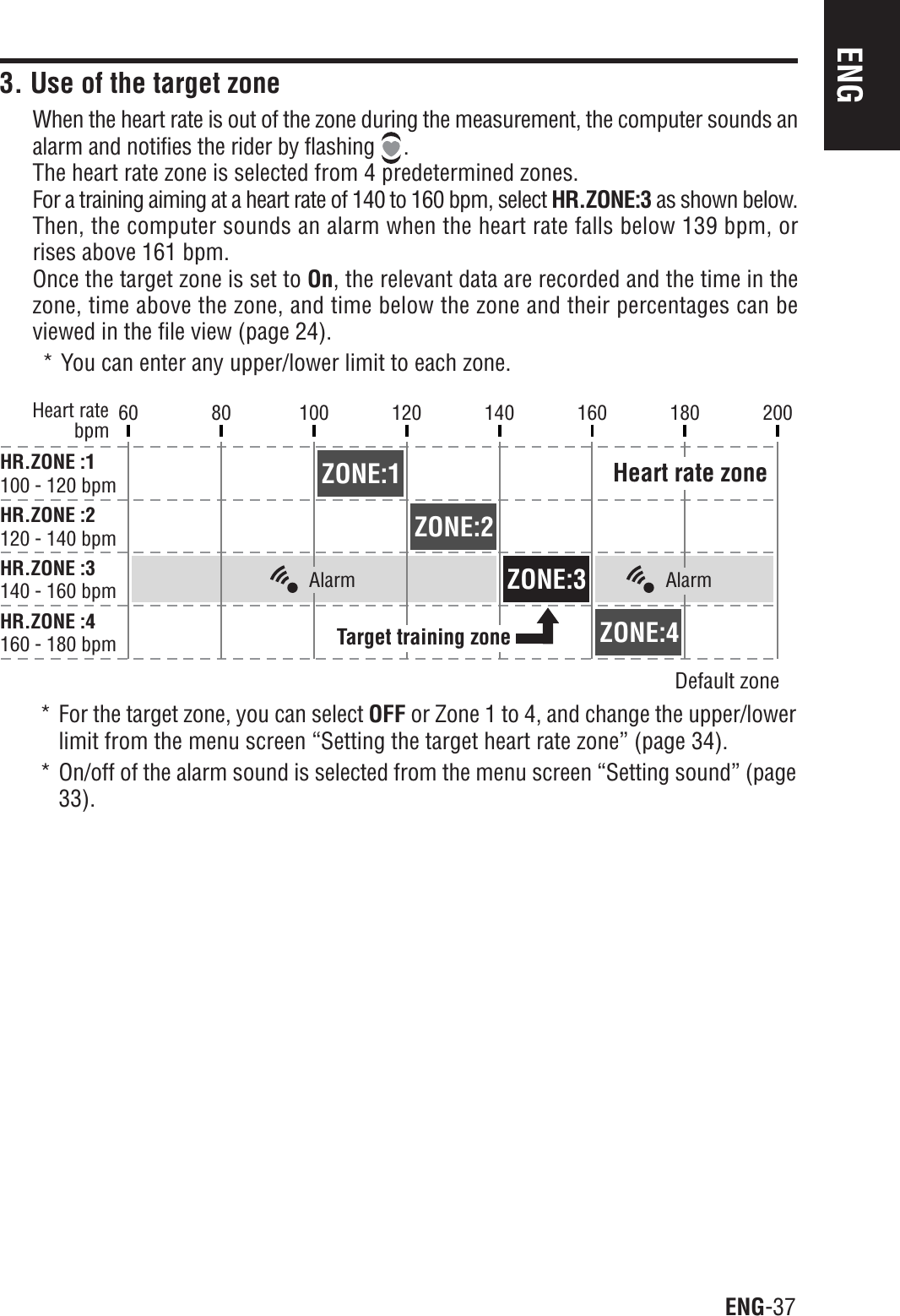 ENG-37ENG60 200bpmHeart rateHR.ZONE :1100 - 120 bpmHR.ZONE :2120 - 140 bpmHR.ZONE :3140 - 160 bpmHR.ZONE :4160 - 180 bpmDefault zone80 100 120 140 160 180Target training zoneHeart rate zoneZONE:1ZONE:2ZONE:3ZONE:4Alarm Alarm3. Use of the target zoneWhen the heart rate is out of the zone during the measurement, the computer sounds analarm and notifies the rider by flashing  .The heart rate zone is selected from 4 predetermined zones.For a training aiming at a heart rate of 140 to 160 bpm, select HR.ZONE:3 as shown below.Then, the computer sounds an alarm when the heart rate falls below 139 bpm, orrises above 161 bpm.Once the target zone is set to On, the relevant data are recorded and the time in thezone, time above the zone, and time below the zone and their percentages can beviewed in the file view (page 24).* You can enter any upper/lower limit to each zone.* For the target zone, you can select OFF or Zone 1 to 4, and change the upper/lowerlimit from the menu screen “Setting the target heart rate zone” (page 34).* On/off of the alarm sound is selected from the menu screen “Setting sound” (page33).