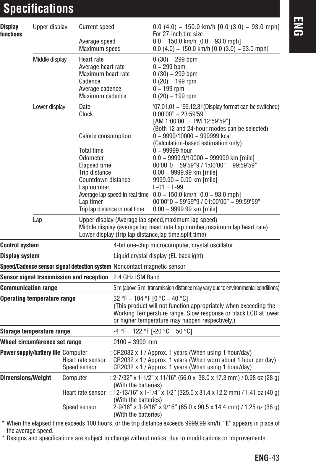 ENG-43ENGSpecificationsUpper display Current speed 0.0 (4.0) &lt;150.0 km/h [0.0 (3.0) &lt;93.0 mph]For 27-inch tire sizeAverage speed 0.0 &lt; 150.0 km/h [0.0 &lt; 93.0 mph]Maximum speed 0.0 (4.0) &lt; 150.0 km/h [0.0 (3.0) &lt; 93.0 mph]Middle display Heart rate 0 (30) &lt; 299 bpmAverage heart rate 0 &lt; 299 bpmMaximum heart rate 0 (30) &lt; 299 bpmCadence 0 (20) &lt; 199 rpmAverage cadence 0 &lt; 199 rpmMaximum cadence 0 (20) &lt; 199 rpmLower display Date ‘07.01.01 &lt;&apos;99.12.31(Display format can be switched)Clock 0:00’00” &lt; 23:59’59”[AM 1:00’00” &lt; PM 12:59’59”](Both 12 and 24-hour modes can be selected)Calorie consumption 0 &lt; 9999/10000 &lt; 999999 kcal(Calculation-based estimation only)Total time 0 &lt; 99999 hourOdometer 0.0 &lt; 9999.9/10000 &lt; 999999 km [mile]Elapsed time 00’00”0 &lt; 59’59”9 / 1:00’00” &lt; 99:59’59”Trip distance 0.00 &lt; 9999.99 km [mile]Countdown distance 9999.90 &lt; 0.00 km [mile]Lap number L-01 &lt; L-99Average lap speed in real time 0.0 &lt; 150.0 km/h [0.0 &lt; 93.0 mph]Lap timer 00’00”0 &lt; 59’59”9 / 01:00’00” &lt; 99:59’59”Trip lap distance in real time 0.00 &lt; 9999.99 km [mile]Lap Upper display (Average lap speed,maximum lap speed)Middle display (average lap heart rate,Lap number,maximum lap heart rate)Lower display (trip lap distance,lap time,split time)Control system 4-bit one-chip microcomputer, crystal oscillatorDisplay system Liquid crystal display (EL backlight)Speed/Cadence sensor signal detection systemNoncontact magnetic sensorSensor signal transmission and reception 2.4 GHz ISM BandCommunication range5 m (above 5 m, transmission distance may vary due to environmental conditions)Operating temperature range 32 °F&lt; 104 °F[0°C&lt; 40 °C](This product will not function appropriately when exceeding theWorking Temperature range. Slow response or black LCD at loweror higher temperature may happen respectively.)Storage temperature range -4 °F&lt; 122 °F [-20 °C&lt; 50 °C]Wheel circumference set range 0100 &lt; 3999 mmPower supply/battery life Computer : CR2032 x 1 / Approx. 1 years (When using 1 hour/day)Heart rate sensor : CR2032 x 1 / Approx. 1 years (When worn about 1 hour per day)Speed sensor : CR2032 x 1 / Approx. 1 years (When using 1 hour/day)Dimensions/Weight Computer : 2-7/32” x 1-1/2” x 11/16” (56.0 x  38.0 x 17.3 mm) / 0.98 oz (28 g)(With the batteries)Heart rate sensor : 12-13/16” x 1-1/4” x 1/2” (325.0 x 31.4 x 12.2 mm) / 1.41 oz (40 g)(With the batteries)Speed sensor : 2-9/16” x 3-9/16” x 9/16” (65.0 x 90.5 x 14.4 mm) / 1.25 oz (36 g)(With the batteries)* When the elapsed time exceeds 100 hours, or the trip distance exceeds 9999.99 km/h, “E” appears in place ofthe average speed.* Designs and specifications are subject to change without notice, due to modifications or improvements.Displayfunctions
