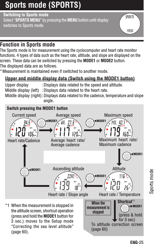 ENG-25Sports modeContinueSwitching to Sports modeSelect “SPORTS MENU” by pressing the MENU button until display switches to Sports mode.Function in Sports modeThe Sports mode is for measurement using the cyclocomputer and heart rate monitor functions. 4 types of data such as the heart rate, altitude, and slope are displayed on the screen. These data can be switched by pressing the MODE1 or MODE2 button. The displayed data are as follows.Measurement is maintained even if switched to another mode.*Upper and middle display data (Switch using the MODE1 button)Upper display : Displays data related to the speed and altitude.Middle display (left) : Displays data related to the heart rate.Middle display (right): Displays data related to the cadence, temperature and slope angle.*1 When the measurement is stopped in the altitude screen, shortcut operation (press and hold the MODE1 button for 3 sec.)  moves  to  the Setup  mode “Correcting  the sea  level  altitude” (page 60).Sports mode (SPORTS)Switch pressing the MODE1 buttonHeart rate/CadenceCurrent speedAverage  heart  rate/Average cadenceHeart rate / Slope angleAscending altitudeMaximum heart  rate/Maximum cadenceHeart rate / TemperatureAltitudeShortcut*1MODE1MODE1MODE1MODE1Average speed Maximum speedMODE1MODE1(press &amp; hold for 3 sec)To altitude correction  screen (page 60)When the measurement is stopped