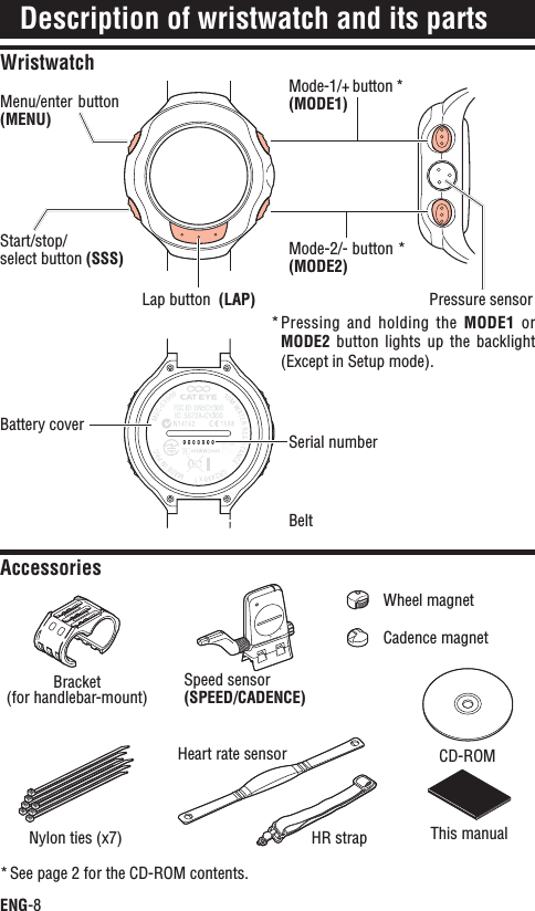 ENG-8WristwatchDescription of wristwatch and its partsAccessoriesBracket(for handlebar-mount)Speed sensor (SPEED/CADENCE)Heart rate sensorHR strapWheel magnetCadence magnetNylon ties (x7)CD-ROMMenu/enter button (MENU)Start/stop/select button (SSS)Mode-1/+ button * (MODE1)Mode-2/- button * (MODE2)Pressure sensorBattery coverSerial numberBeltLap button (LAP)Pressing  and  holding  the * MODE1  or MODE2  button  lights  up  the backlight(Except in Setup mode).See page 2 for the CD-ROM contents.*This manual