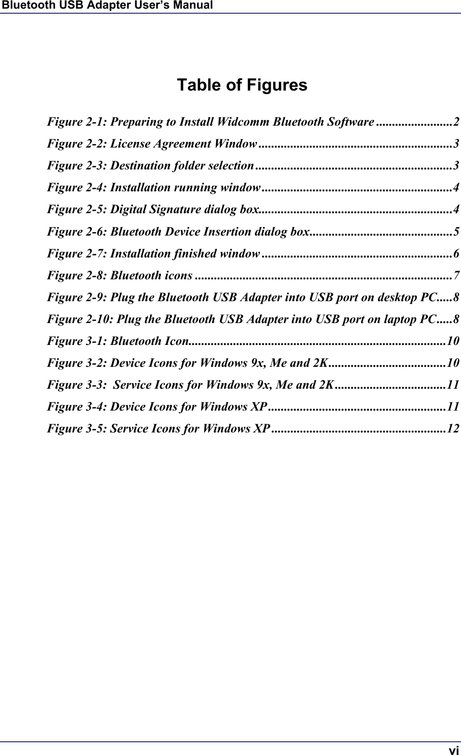 Bluetooth USB Adapter User’s Manual   Table of Figures  Figure 2-1: Preparing to Install Widcomm Bluetooth Software ........................2 Figure 2-2: License Agreement Window .............................................................3 Figure 2-3: Destination folder selection ..............................................................3 Figure 2-4: Installation running window ............................................................4 Figure 2-5: Digital Signature dialog box.............................................................4 Figure 2-6: Bluetooth Device Insertion dialog box.............................................5 Figure 2-7: Installation finished window ............................................................6 Figure 2-8: Bluetooth icons .................................................................................7 Figure 2-9: Plug the Bluetooth USB Adapter into USB port on desktop PC.....8 Figure 2-10: Plug the Bluetooth USB Adapter into USB port on laptop PC.....8 Figure 3-1: Bluetooth Icon.................................................................................10 Figure 3-2: Device Icons for Windows 9x, Me and 2K.....................................10 Figure 3-3:  Service Icons for Windows 9x, Me and 2K ...................................11 Figure 3-4: Device Icons for Windows XP ........................................................11 Figure 3-5: Service Icons for Windows XP .......................................................12    vi 