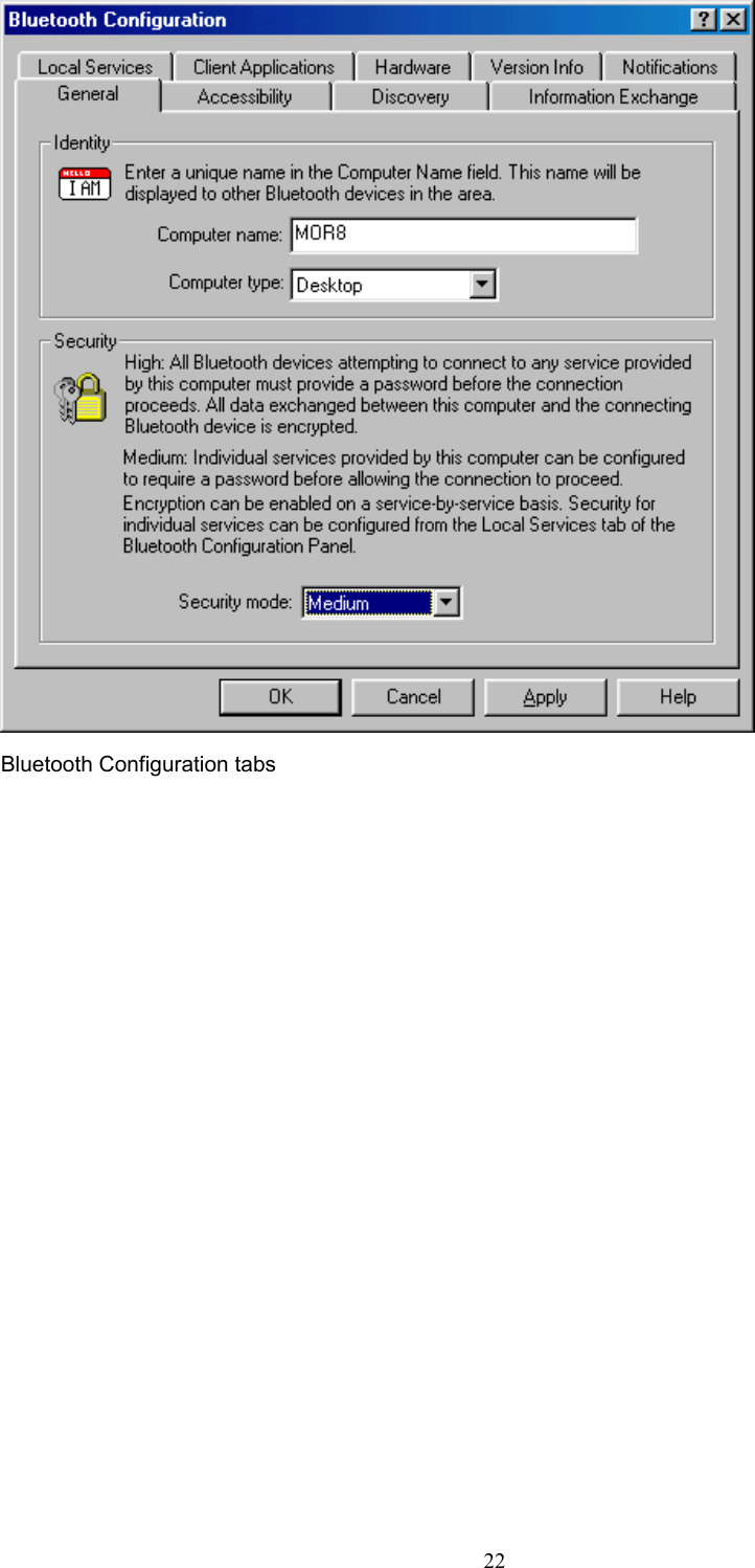  22 Bluetooth Configuration tabs