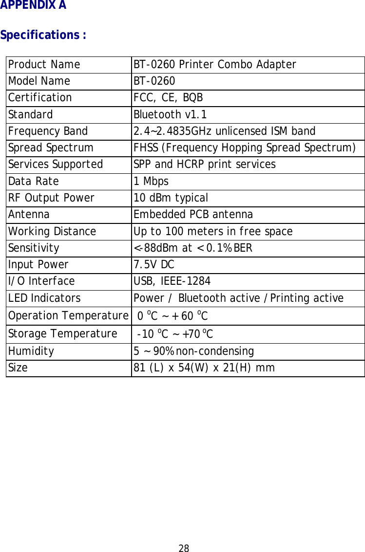 28APPENDIX ASpecifications :Product Name BT-0260 Printer Combo AdapterModel Name BT-0260Certification  FCC, CE, BQB Standard Bluetooth v1.1 Frequency Band  2.4~2.4835GHz unlicensed ISM band Spread Spectrum  FHSS (Frequency Hopping Spread Spectrum) Services Supported  SPP and HCRP print services Data Rate 1 Mbps RF Output Power 10 dBm typicalAntenna Embedded PCB antennaWorking Distance  Up to 100 meters in free space Sensitivity  &lt;-88dBm at &lt; 0.1% BER Input Power  7.5V DC I/O Interface  USB, IEEE-1284LED Indicators Power / Bluetooth active /Printing activeOperation Temperature  0 oC ~ + 60 oCStorage Temperature  -10 oC ~ +70 oCHumidity 5 ~ 90% non-condensing Size  81 (L) x 54(W) x 21(H) mm 