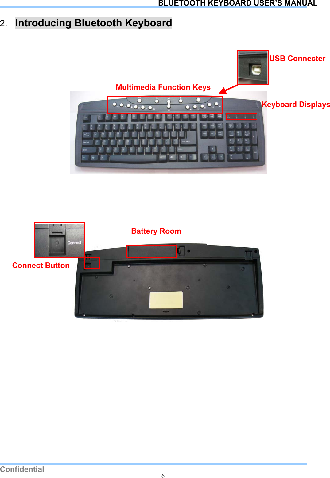   Confidential   6 BLUETOOTH KEYBOARD USER’S MANUAL2.  Introducing Bluetooth Keyboard             USB Connecter Multimedia Function KeysKeyboard Displays Connect Button Battery Room 