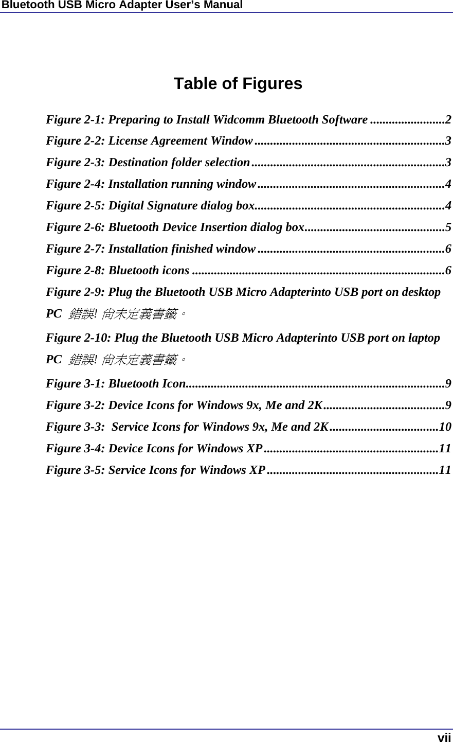 Bluetooth USB Micro Adapter User’s Manual  vii   Table of Figures  Figure 2-1: Preparing to Install Widcomm Bluetooth Software ........................2 Figure 2-2: License Agreement Window.............................................................3 Figure 2-3: Destination folder selection..............................................................3 Figure 2-4: Installation running window............................................................4 Figure 2-5: Digital Signature dialog box.............................................................4 Figure 2-6: Bluetooth Device Insertion dialog box.............................................5 Figure 2-7: Installation finished window ............................................................6 Figure 2-8: Bluetooth icons .................................................................................6 Figure 2-9: Plug the Bluetooth USB Micro Adapterinto USB port on desktop PC 錯誤! 尚未定義書籤。 Figure 2-10: Plug the Bluetooth USB Micro Adapterinto USB port on laptop PC 錯誤! 尚未定義書籤。 Figure 3-1: Bluetooth Icon...................................................................................9 Figure 3-2: Device Icons for Windows 9x, Me and 2K.......................................9 Figure 3-3:  Service Icons for Windows 9x, Me and 2K...................................10 Figure 3-4: Device Icons for Windows XP........................................................11 Figure 3-5: Service Icons for Windows XP.......................................................11   