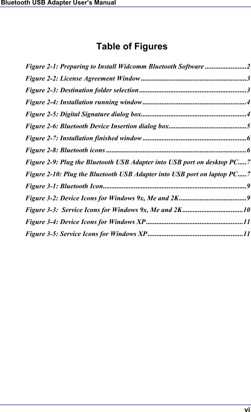 Bluetooth USB Adapter User’s Manual  vi   Table of Figures  Figure 2-1: Preparing to Install Widcomm Bluetooth Software ........................2 Figure 2-2: License Agreement Window .............................................................3 Figure 2-3: Destination folder selection ..............................................................3 Figure 2-4: Installation running window ............................................................4 Figure 2-5: Digital Signature dialog box.............................................................4 Figure 2-6: Bluetooth Device Insertion dialog box.............................................5 Figure 2-7: Installation finished window ............................................................6 Figure 2-8: Bluetooth icons .................................................................................6 Figure 2-9: Plug the Bluetooth USB Adapter into USB port on desktop PC.....7 Figure 2-10: Plug the Bluetooth USB Adapter into USB port on laptop PC.....7 Figure 3-1: Bluetooth Icon...................................................................................9 Figure 3-2: Device Icons for Windows 9x, Me and 2K.......................................9 Figure 3-3:  Service Icons for Windows 9x, Me and 2K...................................10 Figure 3-4: Device Icons for Windows XP........................................................11 Figure 3-5: Service Icons for Windows XP .......................................................11   