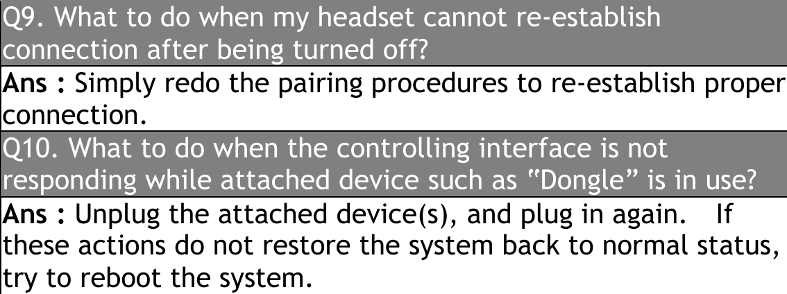 Q9. What to do when my headset cannot re-establish connection after being turned off? Ans : Simply redo the pairing procedures to re-establish properconnection. Q10. What to do when the controlling interface is not responding while attached device such as “Dongle” is in use? Ans : Unplug the attached device(s), and plug in again.    If these actions do not restore the system back to normal status, try to reboot the system.  