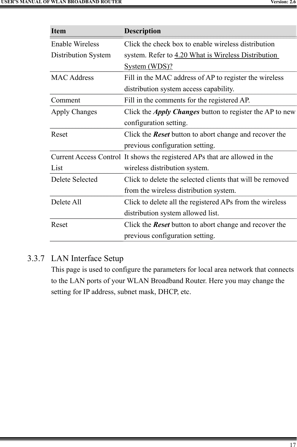   USER’S MANUAL OF WLAN BROADBAND ROUTER    Version: 2.6     17  Item  Description   Enable Wireless Distribution System Click the check box to enable wireless distribution system. Refer to 4.20 What is Wireless Distribution System (WDS)? MAC Address  Fill in the MAC address of AP to register the wireless distribution system access capability. Comment  Fill in the comments for the registered AP. Apply Changes  Click the Apply Changes button to register the AP to new configuration setting. Reset Click the Reset button to abort change and recover the previous configuration setting. Current Access Control List It shows the registered APs that are allowed in the wireless distribution system. Delete Selected  Click to delete the selected clients that will be removed from the wireless distribution system. Delete All  Click to delete all the registered APs from the wireless distribution system allowed list.   Reset Click the Reset button to abort change and recover the previous configuration setting.  3.3.7  LAN Interface Setup This page is used to configure the parameters for local area network that connects to the LAN ports of your WLAN Broadband Router. Here you may change the setting for IP address, subnet mask, DHCP, etc.  