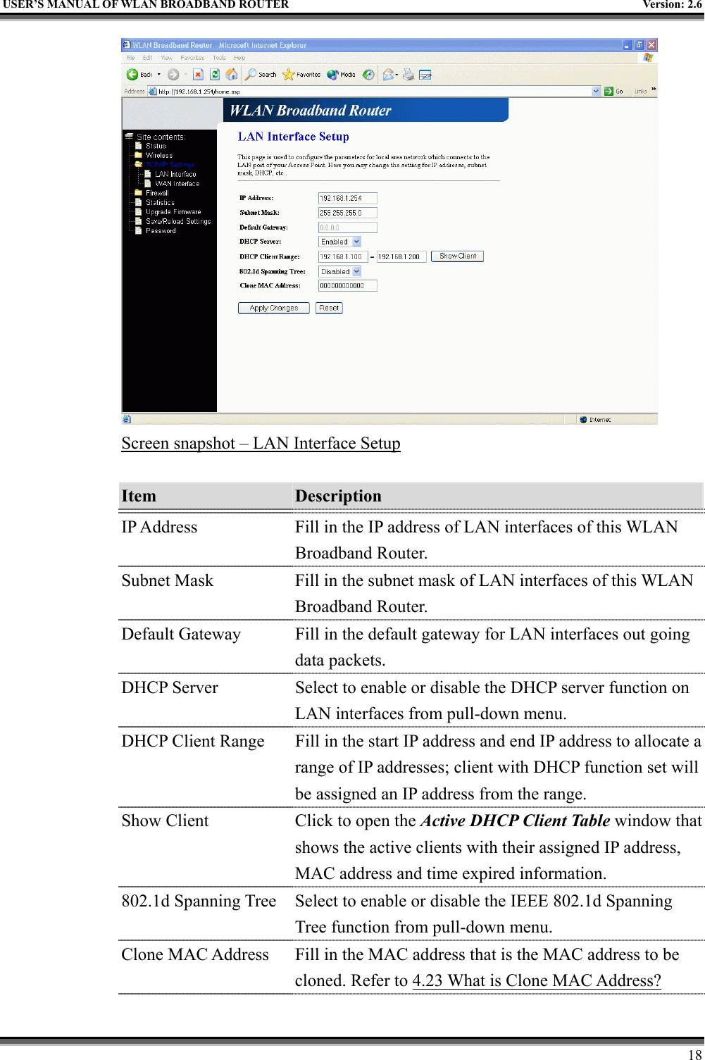   USER’S MANUAL OF WLAN BROADBAND ROUTER    Version: 2.6     18  Screen snapshot – LAN Interface Setup  Item  Description   IP Address  Fill in the IP address of LAN interfaces of this WLAN Broadband Router. Subnet Mask  Fill in the subnet mask of LAN interfaces of this WLAN Broadband Router. Default Gateway  Fill in the default gateway for LAN interfaces out going data packets. DHCP Server  Select to enable or disable the DHCP server function on LAN interfaces from pull-down menu.     DHCP Client Range  Fill in the start IP address and end IP address to allocate a range of IP addresses; client with DHCP function set will be assigned an IP address from the range. Show Client  Click to open the Active DHCP Client Table window that shows the active clients with their assigned IP address, MAC address and time expired information. 802.1d Spanning Tree  Select to enable or disable the IEEE 802.1d Spanning Tree function from pull-down menu. Clone MAC Address  Fill in the MAC address that is the MAC address to be cloned. Refer to 4.23 What is Clone MAC Address? 