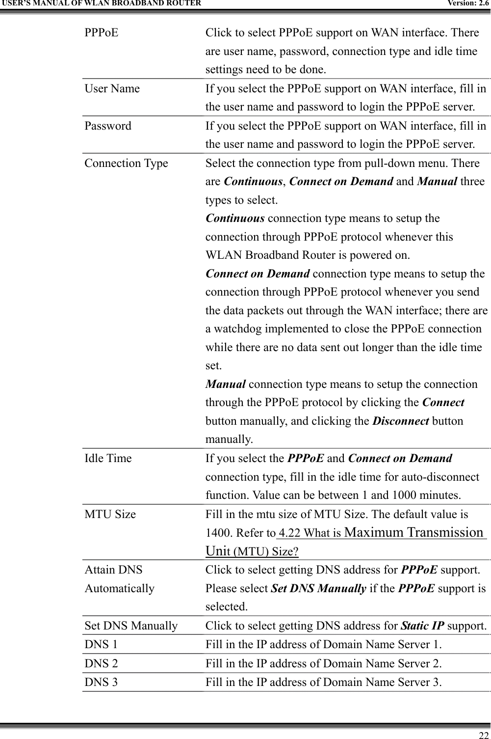  USER’S MANUAL OF WLAN BROADBAND ROUTER    Version: 2.6     22 PPPoE  Click to select PPPoE support on WAN interface. There are user name, password, connection type and idle time settings need to be done. User Name  If you select the PPPoE support on WAN interface, fill in the user name and password to login the PPPoE server. Password  If you select the PPPoE support on WAN interface, fill in the user name and password to login the PPPoE server. Connection Type  Select the connection type from pull-down menu. There are Continuous, Connect on Demand and Manual three types to select. Continuous connection type means to setup the connection through PPPoE protocol whenever this WLAN Broadband Router is powered on. Connect on Demand connection type means to setup the connection through PPPoE protocol whenever you send the data packets out through the WAN interface; there are a watchdog implemented to close the PPPoE connection while there are no data sent out longer than the idle time set. Manual connection type means to setup the connection through the PPPoE protocol by clicking the Connect button manually, and clicking the Disconnect button manually. Idle Time  If you select the PPPoE and Connect on Demand connection type, fill in the idle time for auto-disconnect function. Value can be between 1 and 1000 minutes. MTU Size  Fill in the mtu size of MTU Size. The default value is 1400. Refer to 4.22 What is Maximum Transmission Unit (MTU) Size? Attain DNS Automatically Click to select getting DNS address for PPPoE support. Please select Set DNS Manually if the PPPoE support is selected. Set DNS Manually  Click to select getting DNS address for Static IP support.DNS 1  Fill in the IP address of Domain Name Server 1. DNS 2  Fill in the IP address of Domain Name Server 2. DNS 3  Fill in the IP address of Domain Name Server 3. 