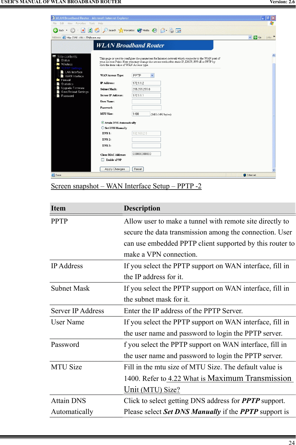   USER’S MANUAL OF WLAN BROADBAND ROUTER    Version: 2.6     24  Screen snapshot – WAN Interface Setup – PPTP -2  Item  Description   PPTP  Allow user to make a tunnel with remote site directly to secure the data transmission among the connection. User can use embedded PPTP client supported by this router to make a VPN connection. IP Address  If you select the PPTP support on WAN interface, fill in the IP address for it. Subnet Mask  If you select the PPTP support on WAN interface, fill in the subnet mask for it. Server IP Address  Enter the IP address of the PPTP Server. User Name  If you select the PPTP support on WAN interface, fill in the user name and password to login the PPTP server. Password  f you select the PPTP support on WAN interface, fill in the user name and password to login the PPTP server. MTU Size  Fill in the mtu size of MTU Size. The default value is 1400. Refer to 4.22 What is Maximum Transmission Unit (MTU) Size? Attain DNS Automatically Click to select getting DNS address for PPTP support. Please select Set DNS Manually if the PPTP support is 