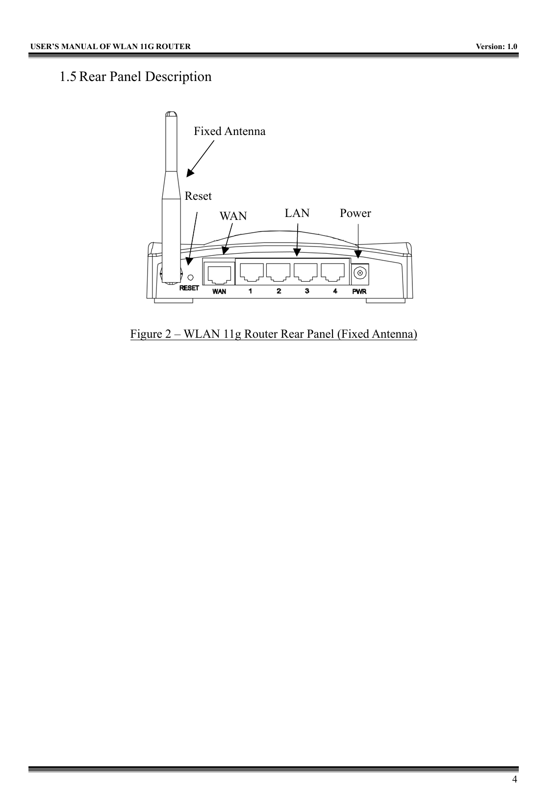   USER’S MANUAL OF WLAN 11G ROUTER    Version: 1.0     4 1.5 Rear Panel Description  Figure 2 – WLAN 11g Router Rear Panel (Fixed Antenna)    WA N LAN PowerFixed AntennaReset  